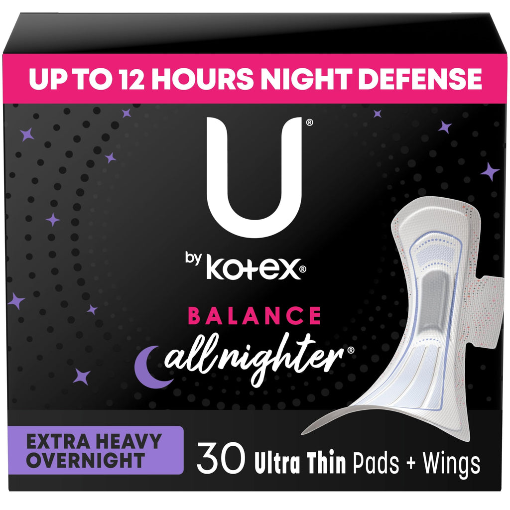 U by Kotex Balance Pads with Wings, Ultra Thin, Overnight, Extra Heavy Absorbency, 30 Count