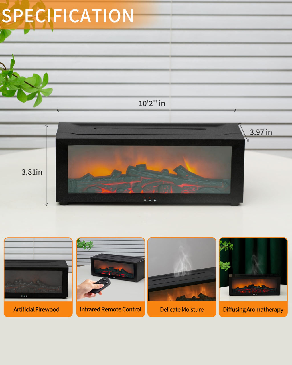 Flame Fireplace Diffuser Ultrasonic Essential with Remote Oil Aromatherapy 150ML Cool Mist Humidifier with Multiple Mist Mode, T