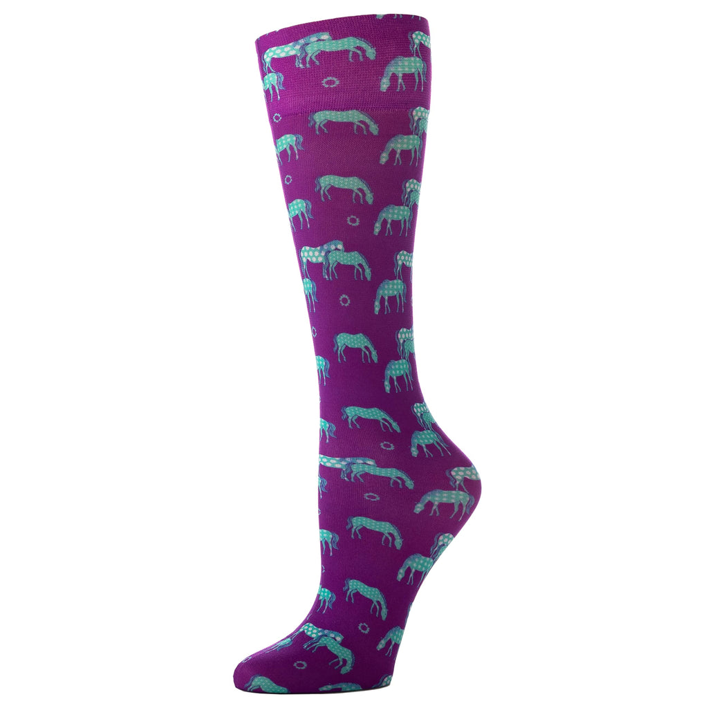Celeste Stein Therapeutic Graduated Women Compression Socks, Teal Spotted Horse, Diabetic Socks For Womens & Nurses Travel, For 