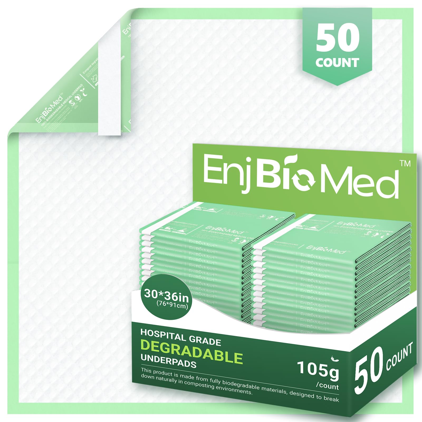 EnjBioMed Eco-Friendly Extra Large Ultra Absorbent Bed Pads Disposable Adult 105g (30 X 36 Pack of 50), with Adhesive Strips , L
