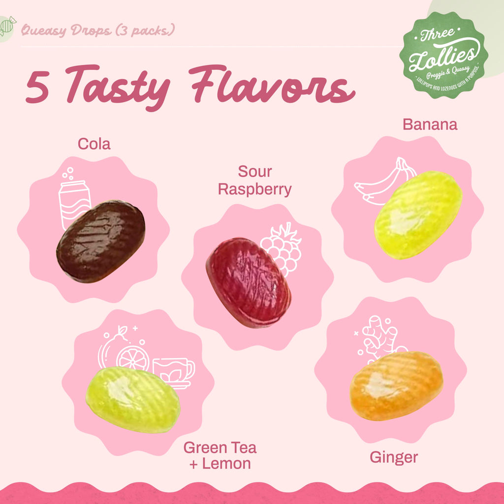 Three Lollies Queasy Drops - Relief from Nausea & Travel Sickness - Relieves a Dry Mouth & Settles The Stomach - Natural Ingredi