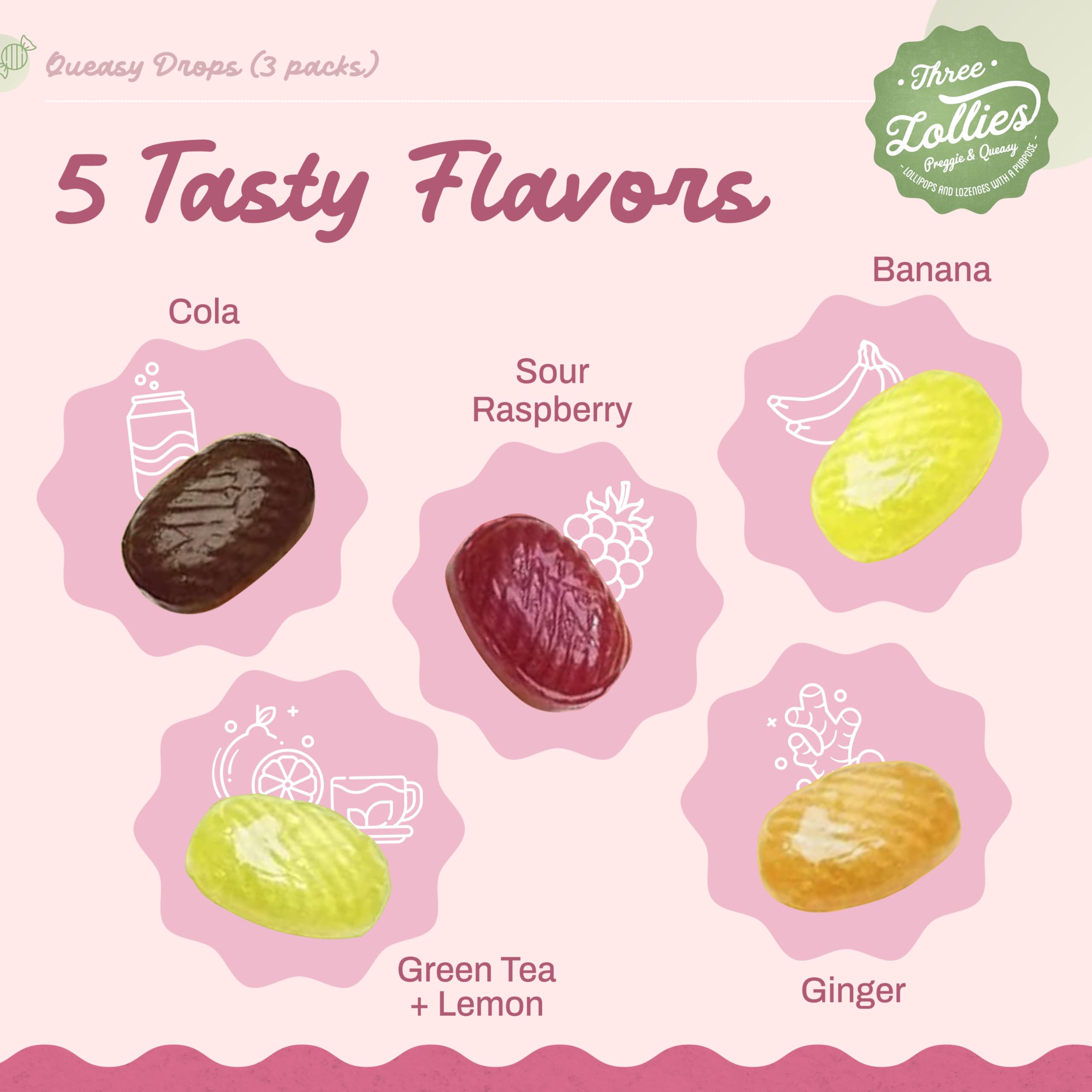 Three Lollies Queasy Drops - Relief from Nausea & Travel Sickness - Relieves a Dry Mouth & Settles The Stomach - Natural Ingredi