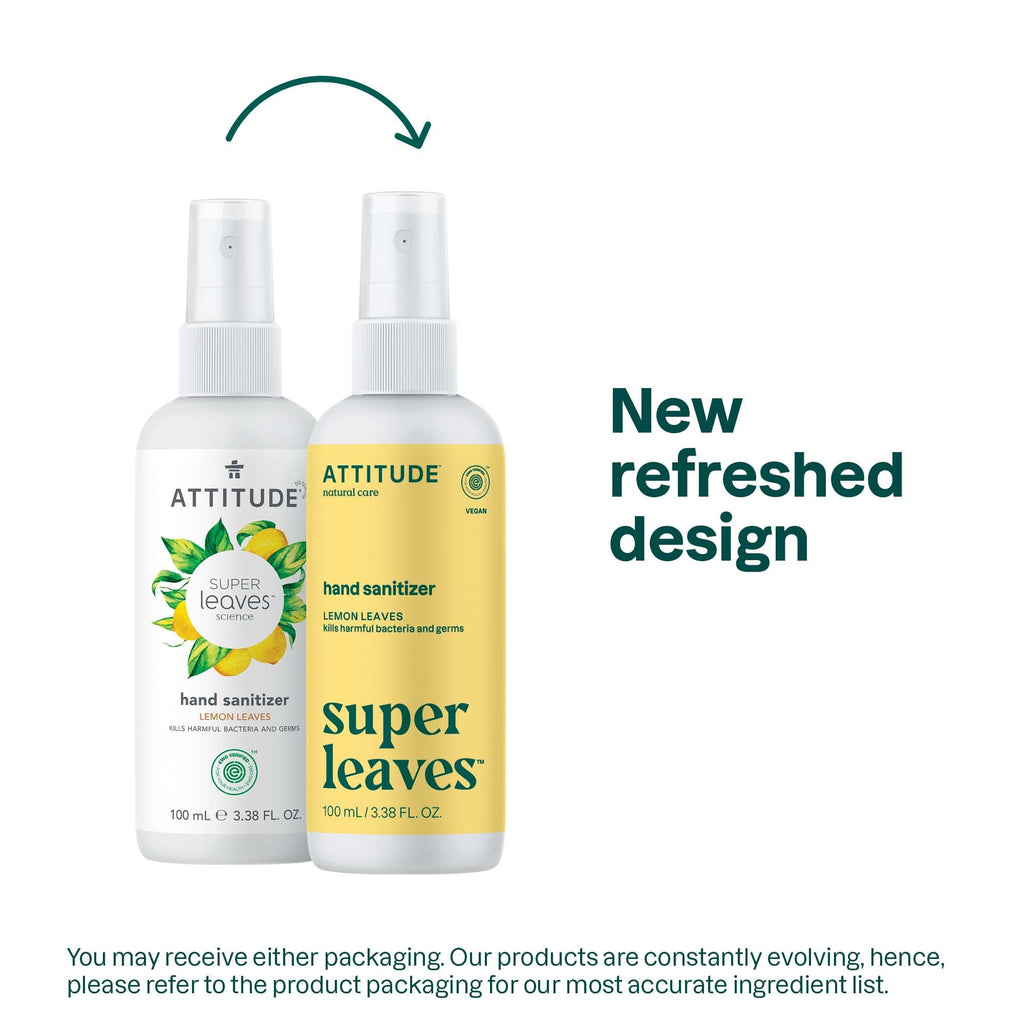ATTITUDE Hand Sanitizer Spray for Adults and Kids, EWG Verified, Kills Bacteria and Germs, Vegan, Lemon Leaves, 3.38 Fl Oz (Spra