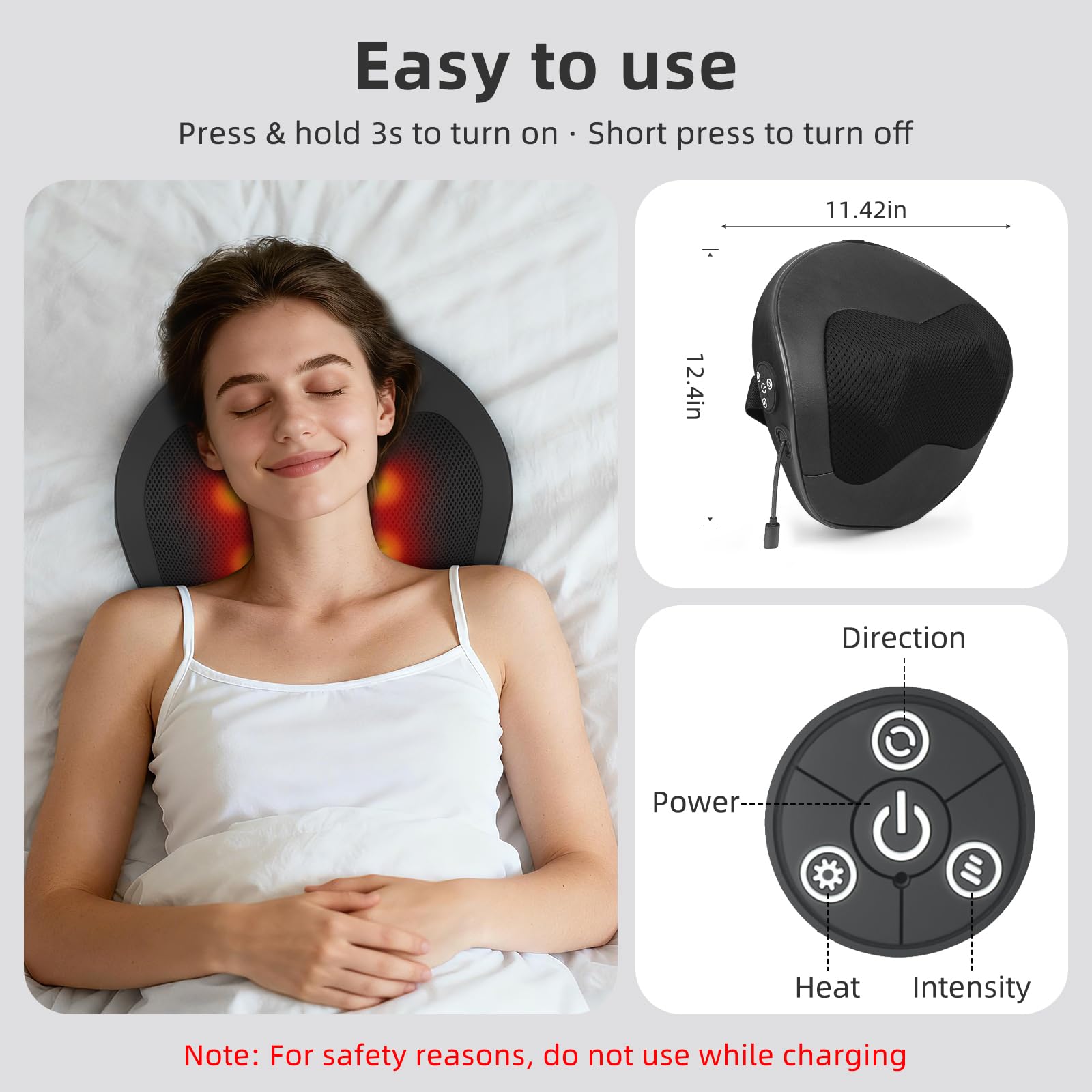 Holniva Shiatsu Car Neck and Back Massager with Heat - Rechargeable Kneading Massage Pillow for Car Seat, Home and Office - Ergo