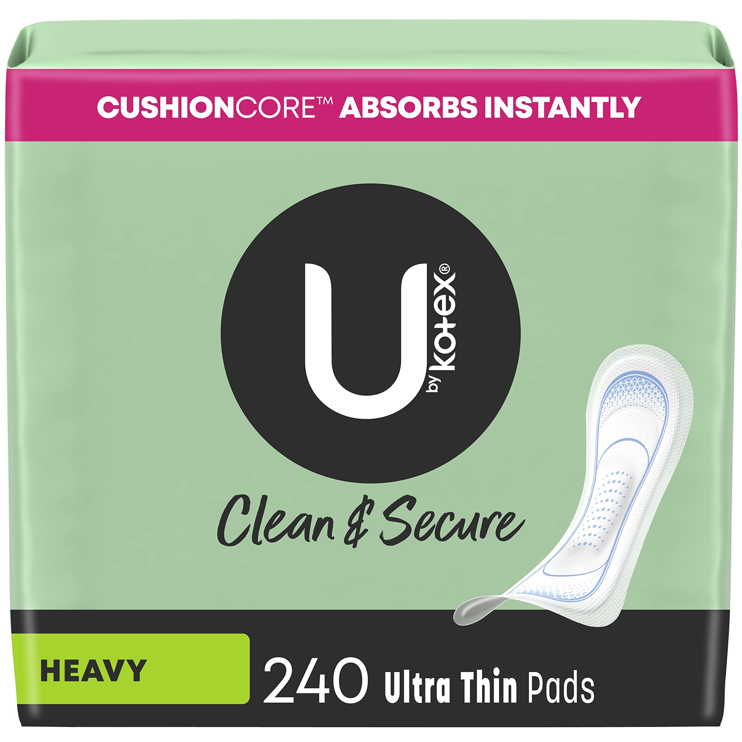 U by Kotex Clean & Secure Ultra Thin Pads, Heavy Absorbency, 240 Count (6 Packs of 40) (Packaging May Vary)