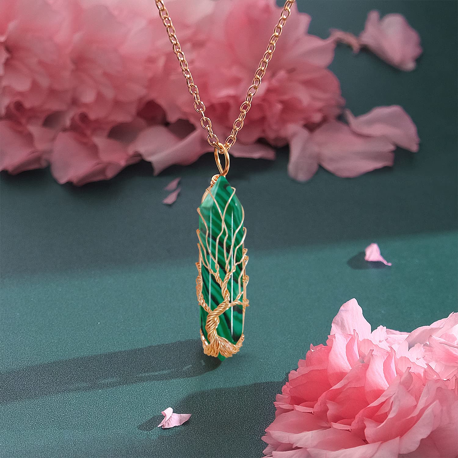 VIBILIA Healing Crystal Necklace Tree of Life Wire Wrapped Malachite Stone Point Pendant Necklace Hexagonal Reiki Spiritual Quar