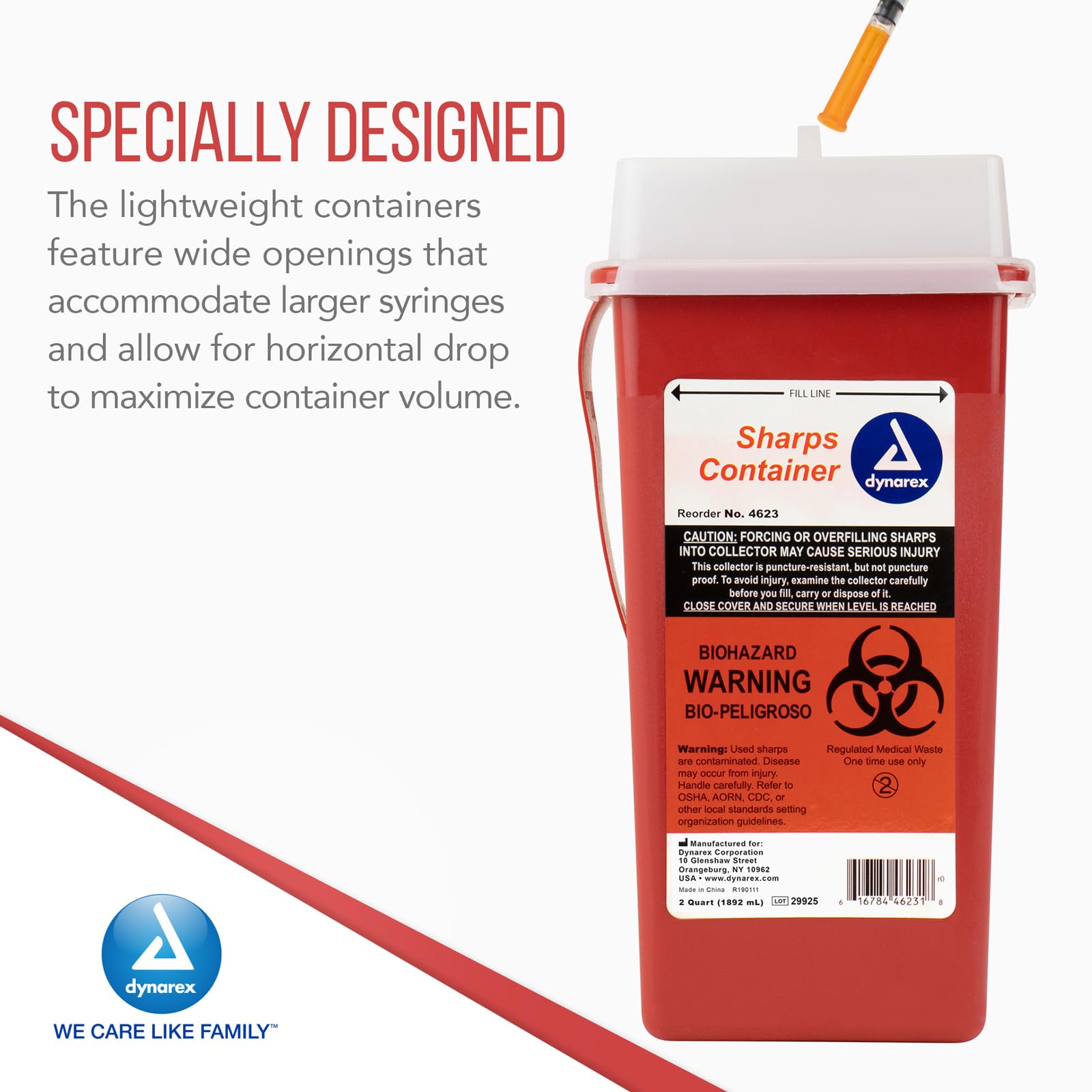 Dynarex 4623 Sharp Container, Provides a Safe Disposal of Medical Waste and Needles, Non-Sterile & Latex-Free, 2 Quarts, Made wi