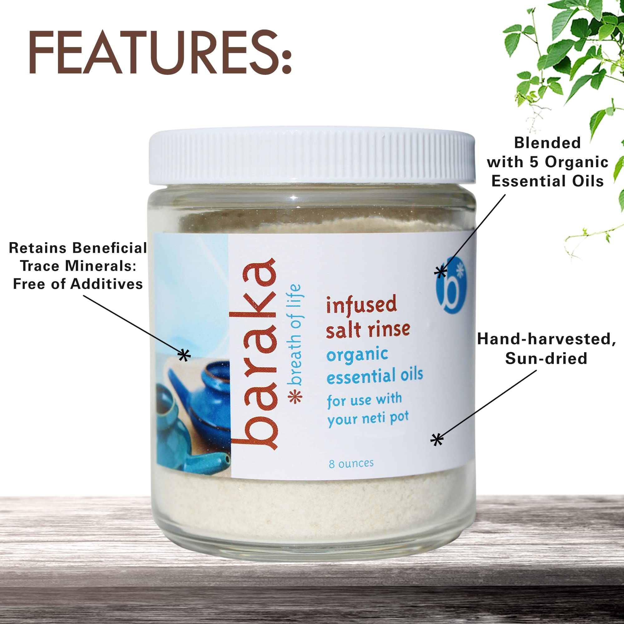 Baraka Infused Sea Salt - Neti Pot Salt for Sinus Rinse & Nose Cleaner, Essential Oil Infused Neti Salt, Nasal Salt w/Virginia C