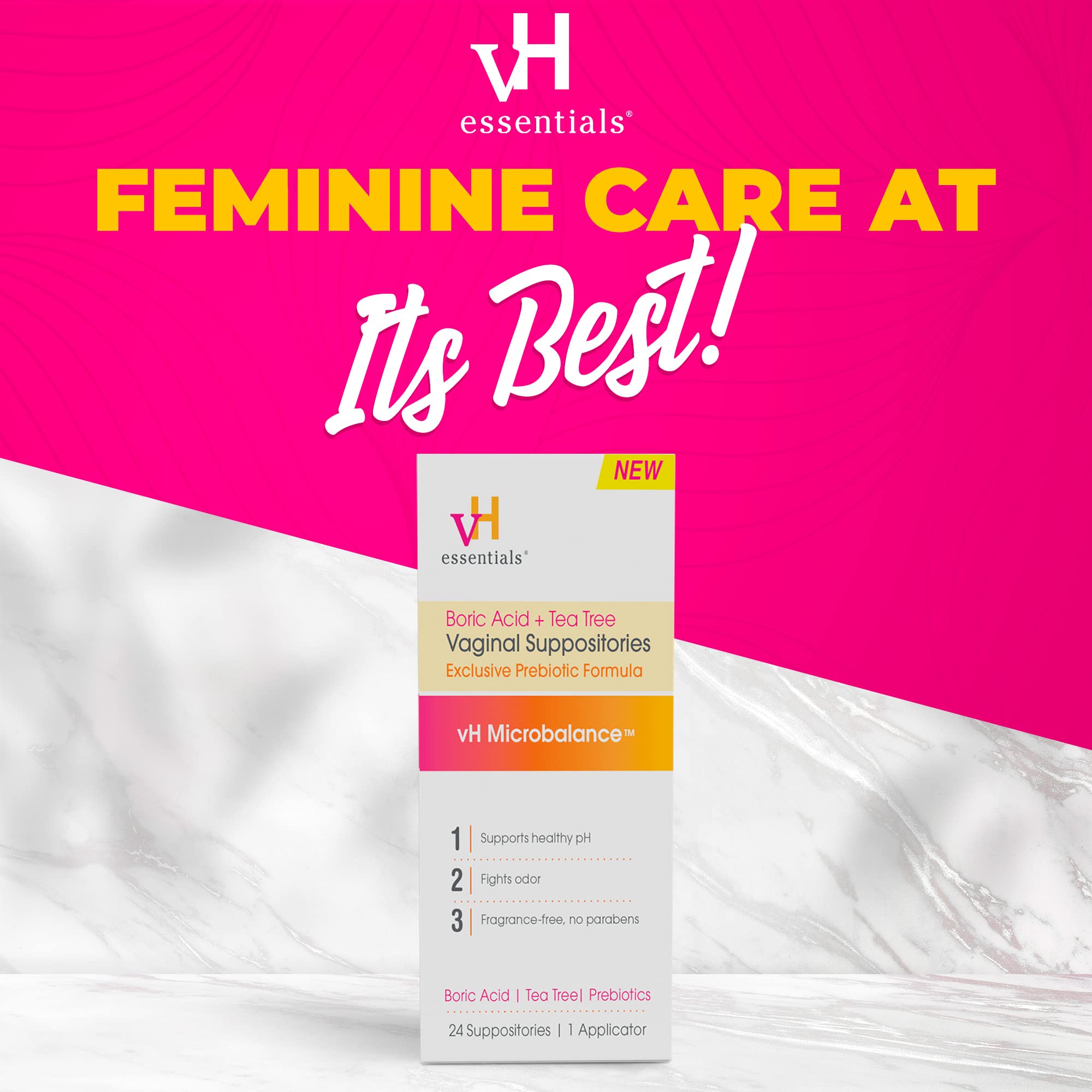 vH essentials Boric Acid and Tea Tree Vaginal Suppositories - Prebiotics Formula with Lactic Acid - PH Balance, Odor Control, Fe