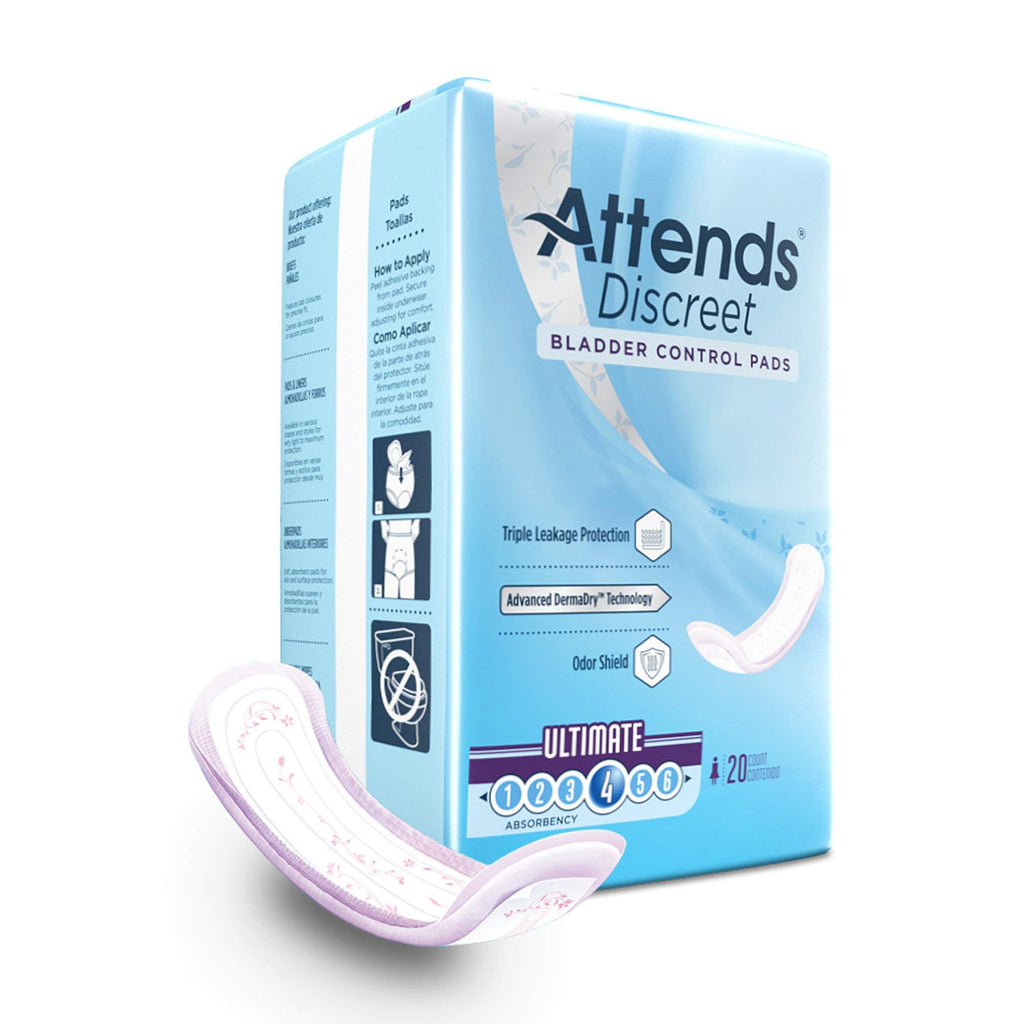 Attends Discreet Incontinence Care Women's Bladder Control Pads with Advanced DermaDry Technology, Ultimate Absorbency, 15'' Lon