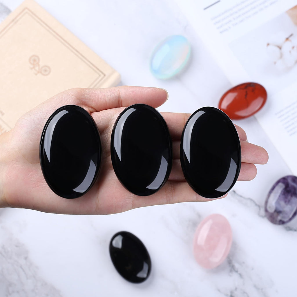 QINJIEJIE 2.4 Black Obsidian Crystal Stone Natural Gemstones Polished Palm Stone Healing Crystals 1PCS Worry Stone Energy Balanc