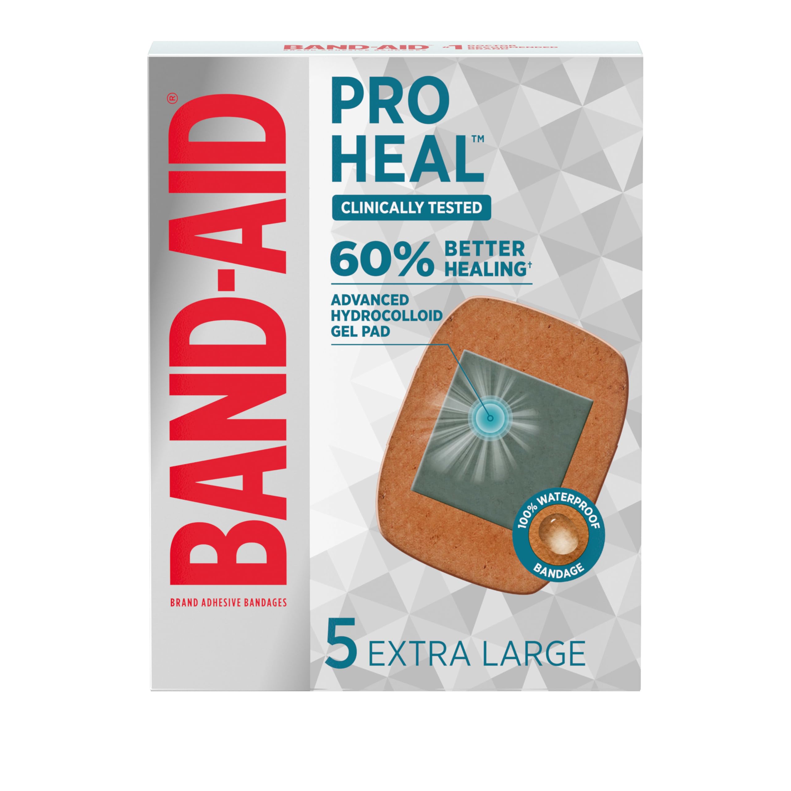 Band-Aid Brand Pro Heal Adhesive Bandages with Hydrocolloid Gel Pads, Extra Large Clinically Tested Waterproof Bandages for Bett