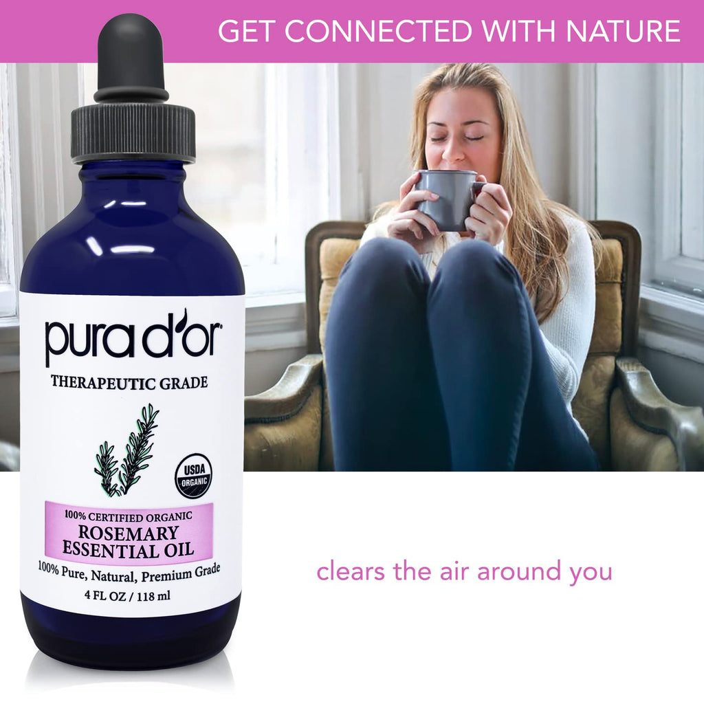 PURA DOR Organic Rosemary Essential Oil, 4oz, Therapeutic Grade, for Hair, Body, Skin, Aromatherapy, Relaxation, Massage, Mood,