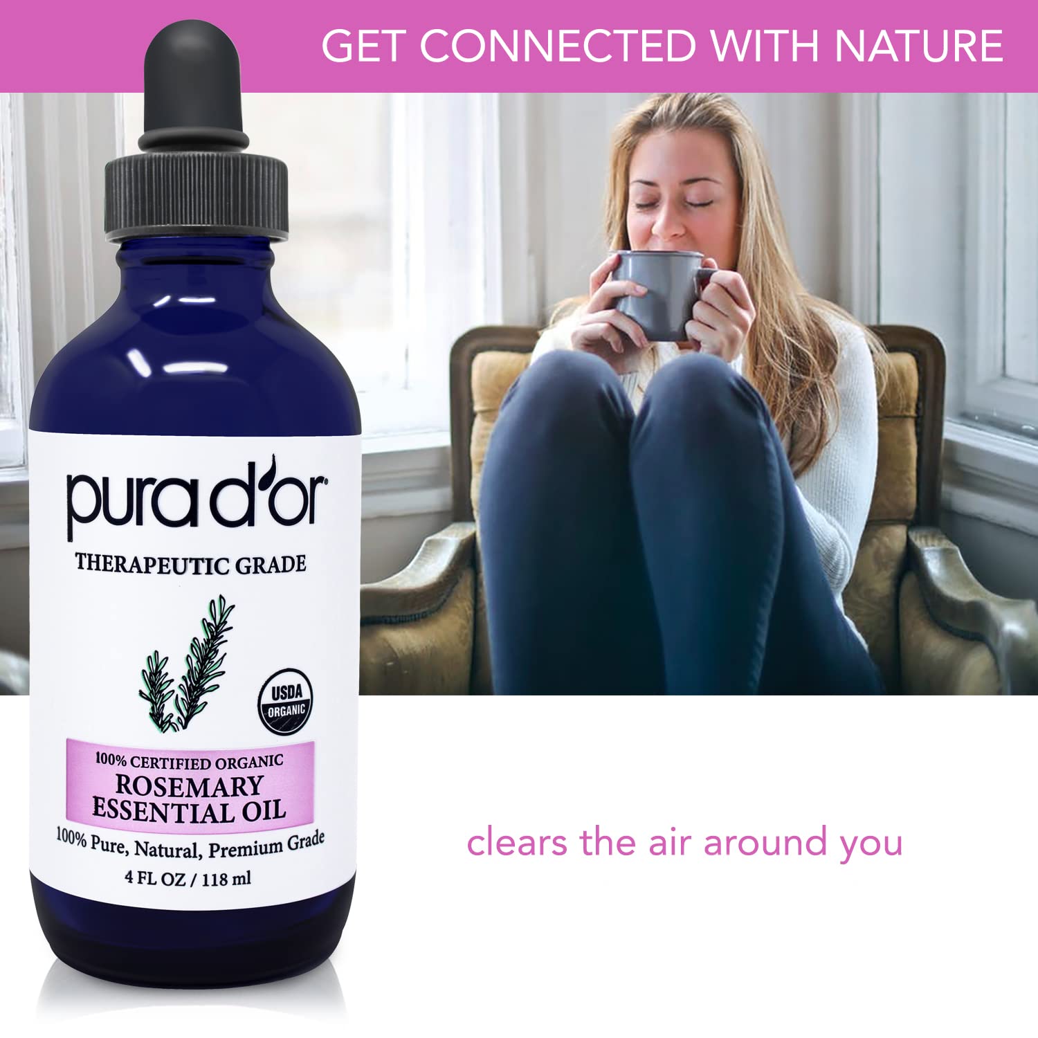 PURA DOR Organic Rosemary Essential Oil, 4oz, Therapeutic Grade, for Hair, Body, Skin, Aromatherapy, Relaxation, Massage, Mood,
