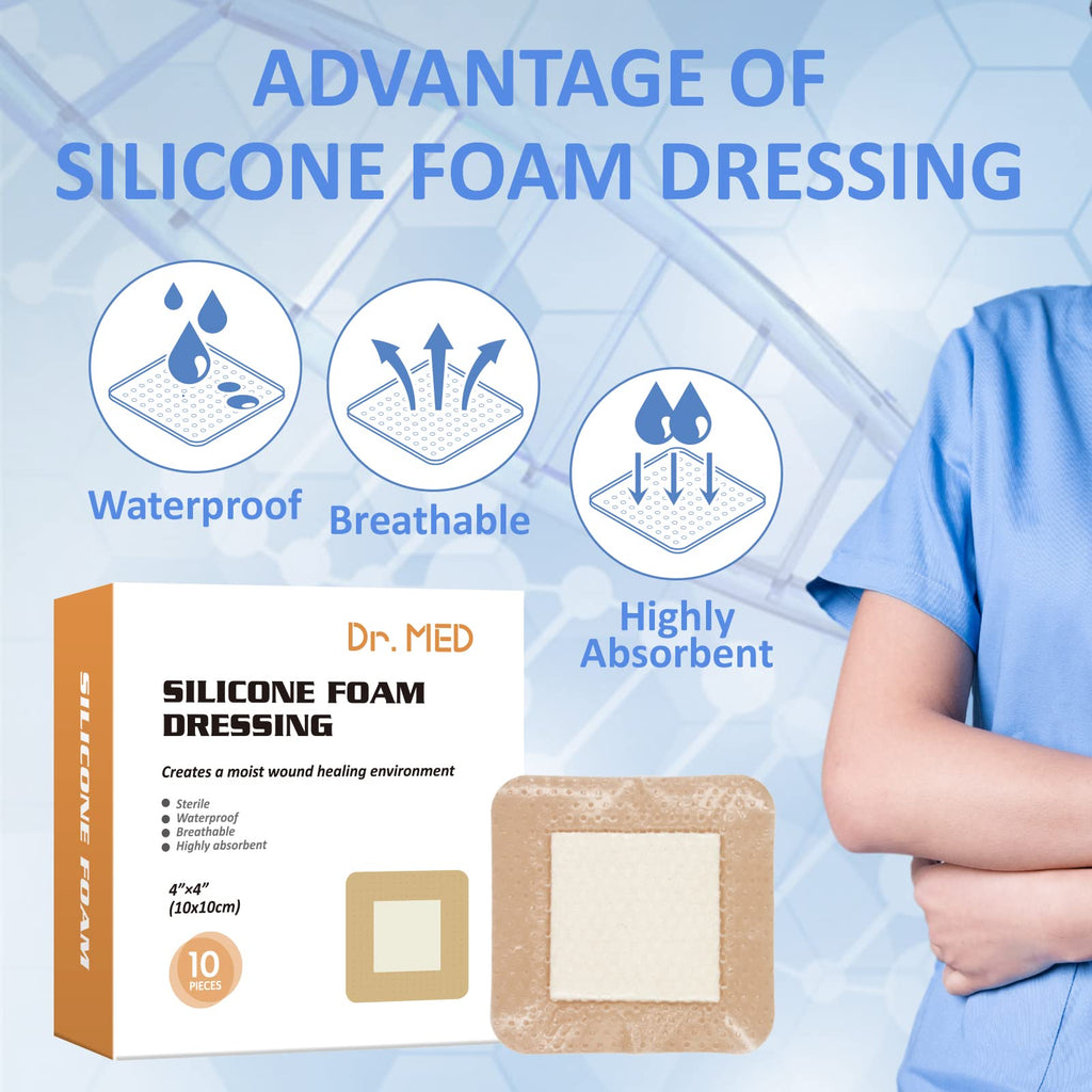 Dr. Med Silicone Foam Dressing with Gentle Adhesive Border 4x4, 10 Individual Pack, Painless Removal High Absorbency Bed Sore Wo