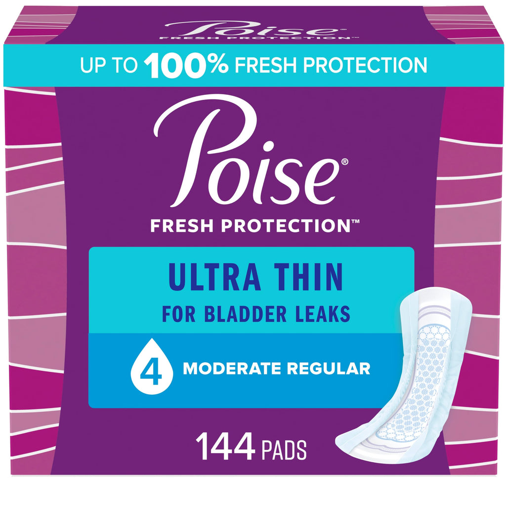 Poise Ultra Thin Incontinence Pads & Postpartum Incontinence Pads, 4 Drop Moderate Absorbency, Regular Length, 144 Count (3 Pack