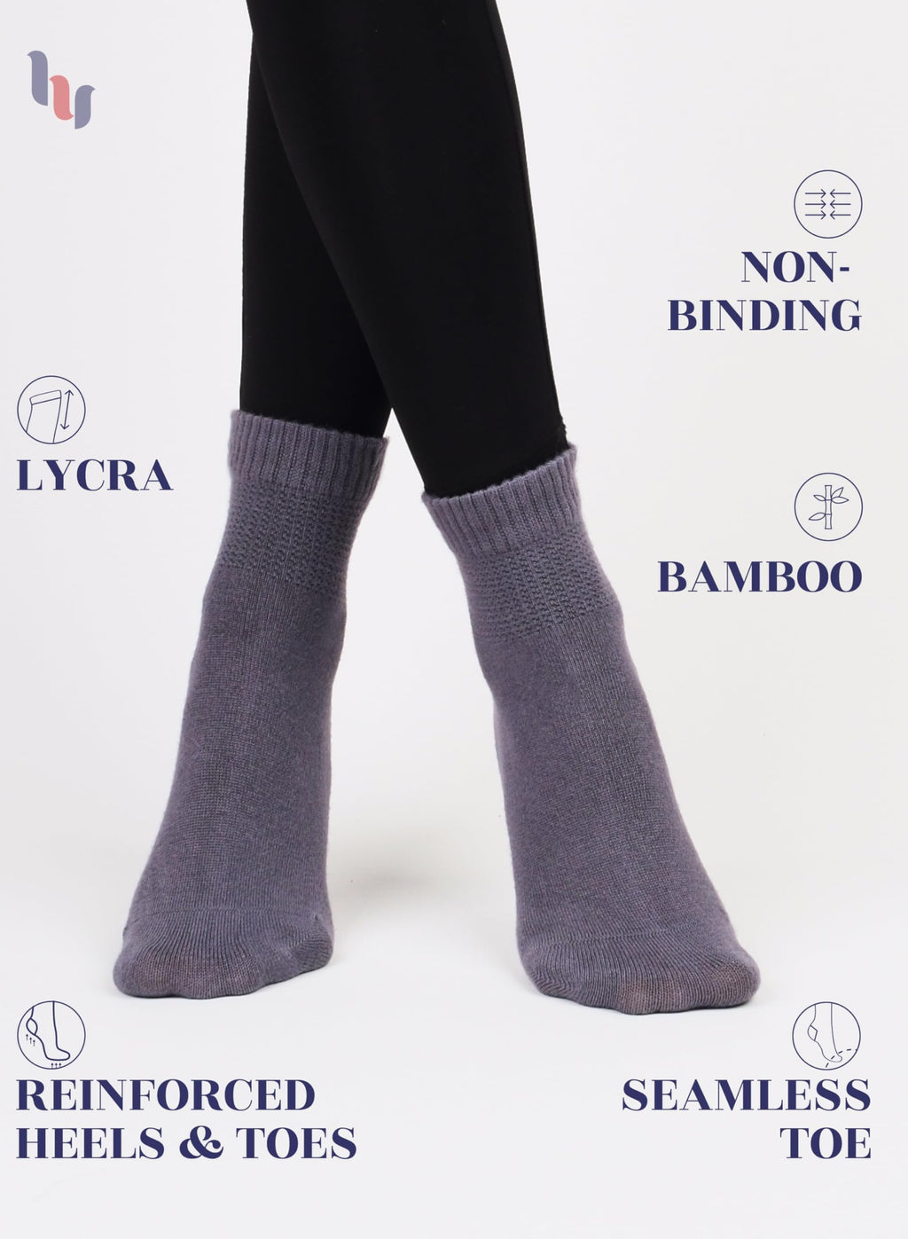 Hugh Ugoli Women Diabetic Ankle Socks, Super Soft & Thin Bamboo Socks, Wide & Loose, Non-Binding Top & Seamless Toe, 4 Pairs, gr