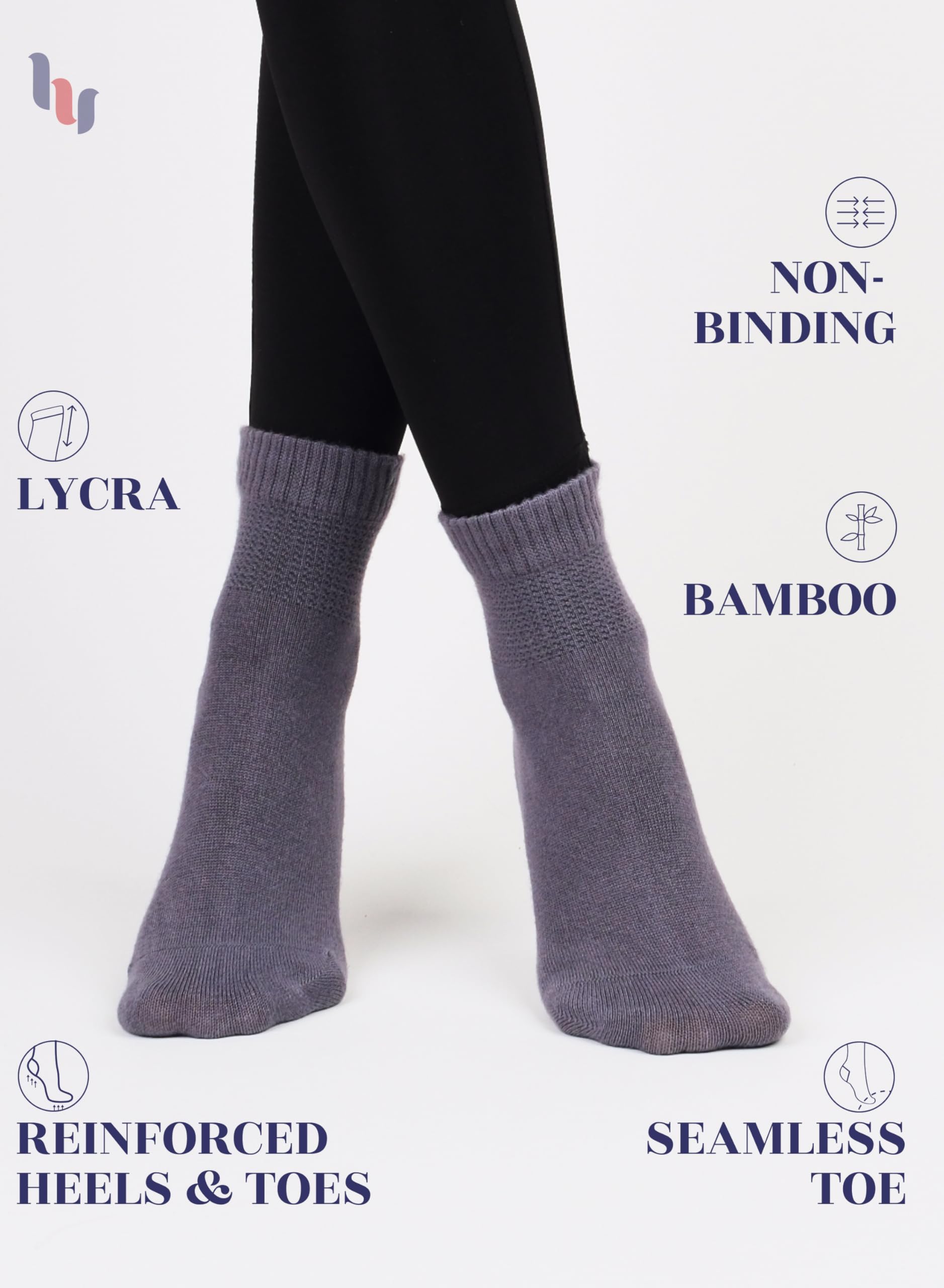 Hugh Ugoli Women Diabetic Ankle Socks, Super Soft & Thin Bamboo Socks, Wide & Loose, Non-Binding Top & Seamless Toe, 4 Pairs, gr