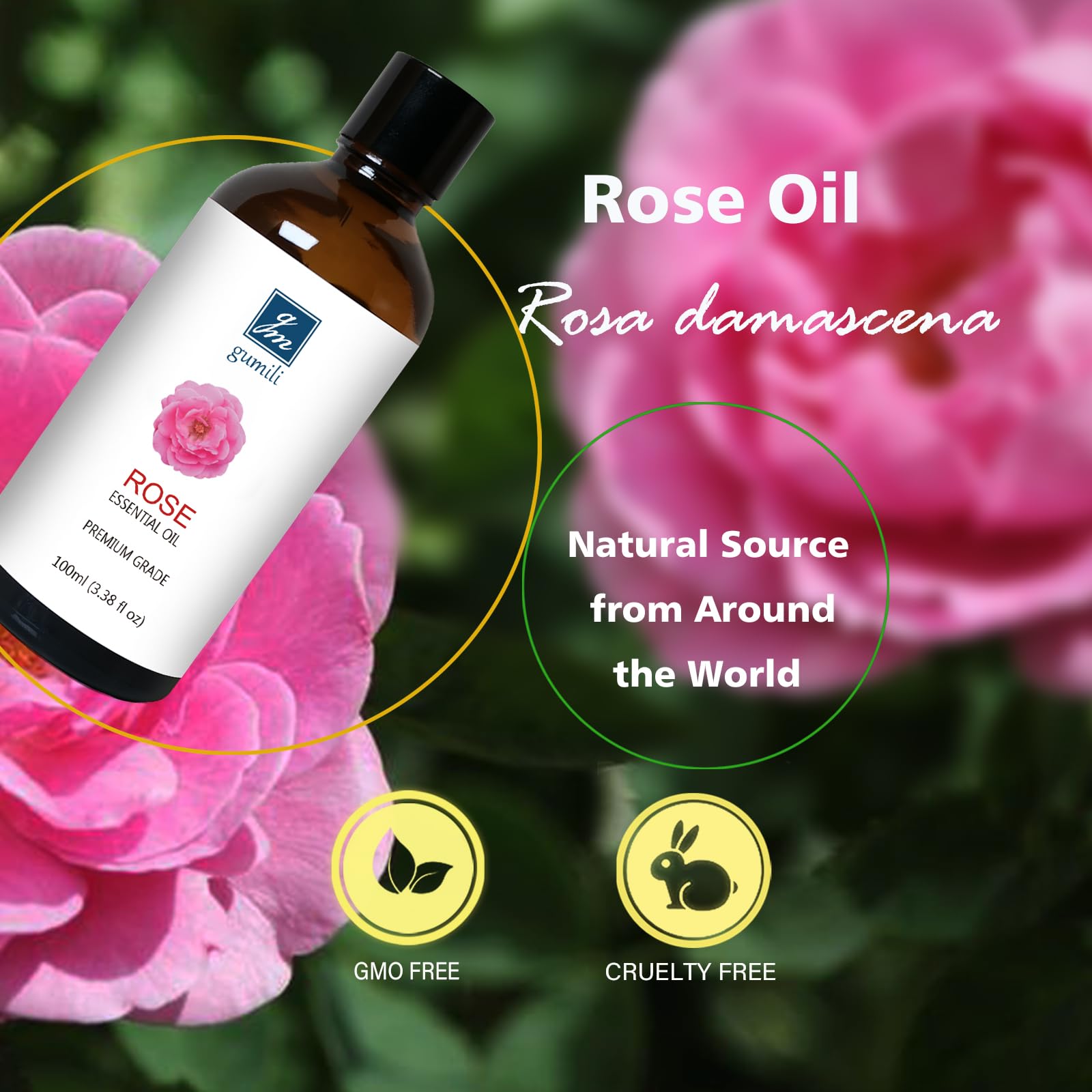 GM Gumili Rose Essential Oil, Home Fragrance Scent Oil for Diffuser, Skin, Hair, Candle, Soap, Dryer Balls, Laundry - 3.38 oz/10