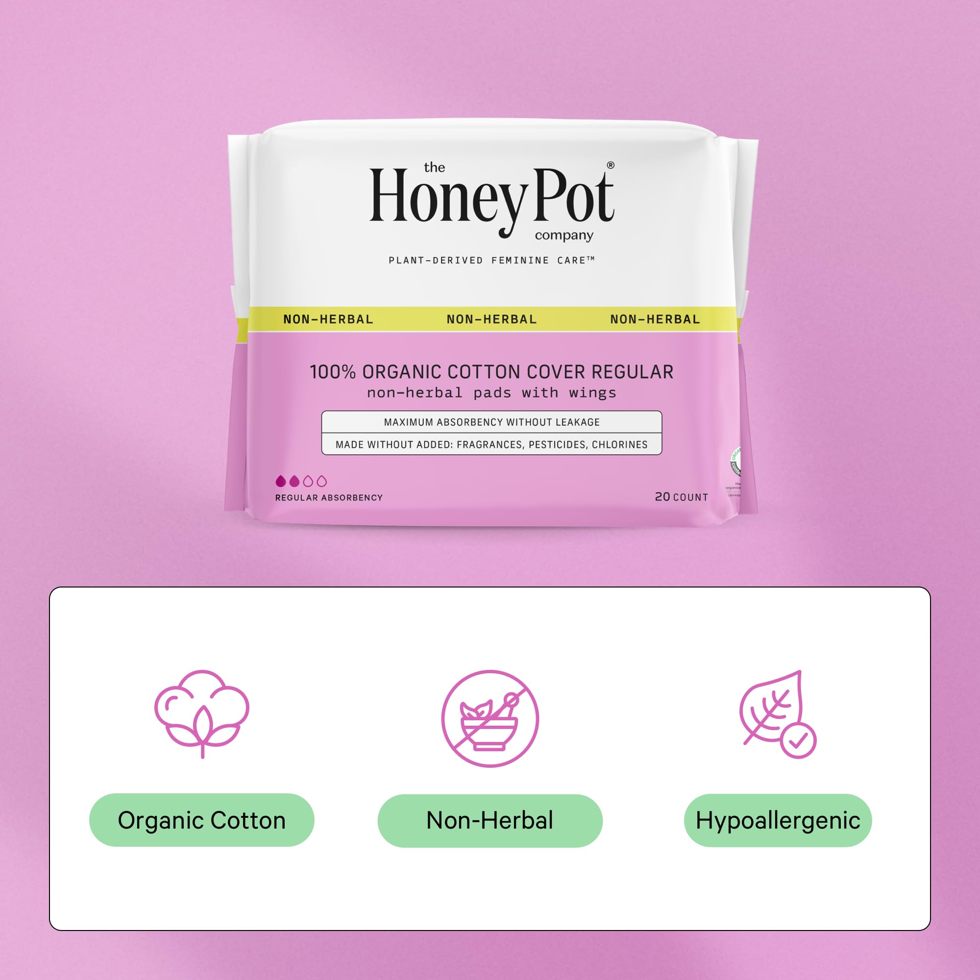 The Honey Pot Company - 80 ct - Pads for Women - Non-Herbal Regular Flow w/Wings - Organic Cotton Cover & Ultra-Absorbent Pulp C