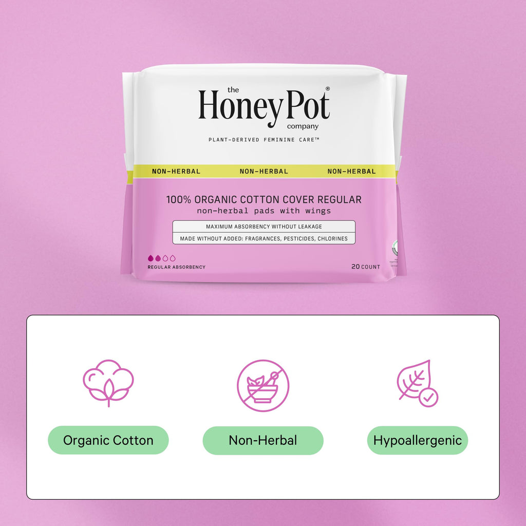 The Honey Pot Company - 80 ct - Pads for Women - Non-Herbal Regular Flow w/Wings - Organic Cotton Cover & Ultra-Absorbent Pulp C