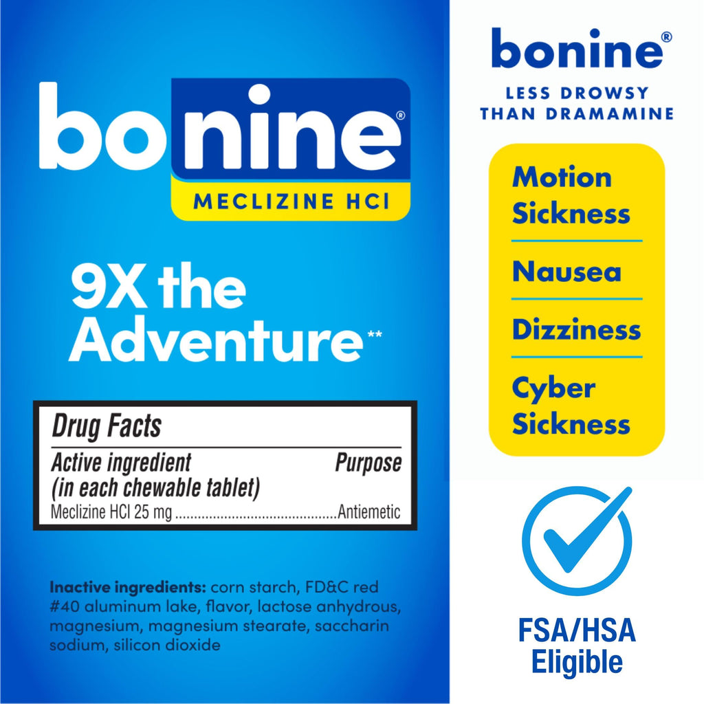 Non-Drowsy Bonine for Motion Sickness Relief, Sea Sickness, Car Sickness, Nausea, & Vomiting - Meclizine HCI 25mg, Travel-Sized