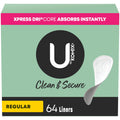 U by Kotex Panty Liners, Clean & Secure, Light Absorbency, Regular Length, 64 Count (Packaging May Vary)