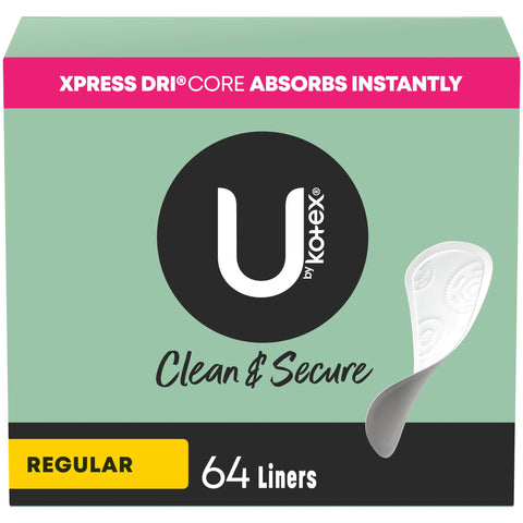 U by Kotex Panty Liners, Clean & Secure, Light Absorbency, Regular Length, 64 Count (Packaging May Vary)