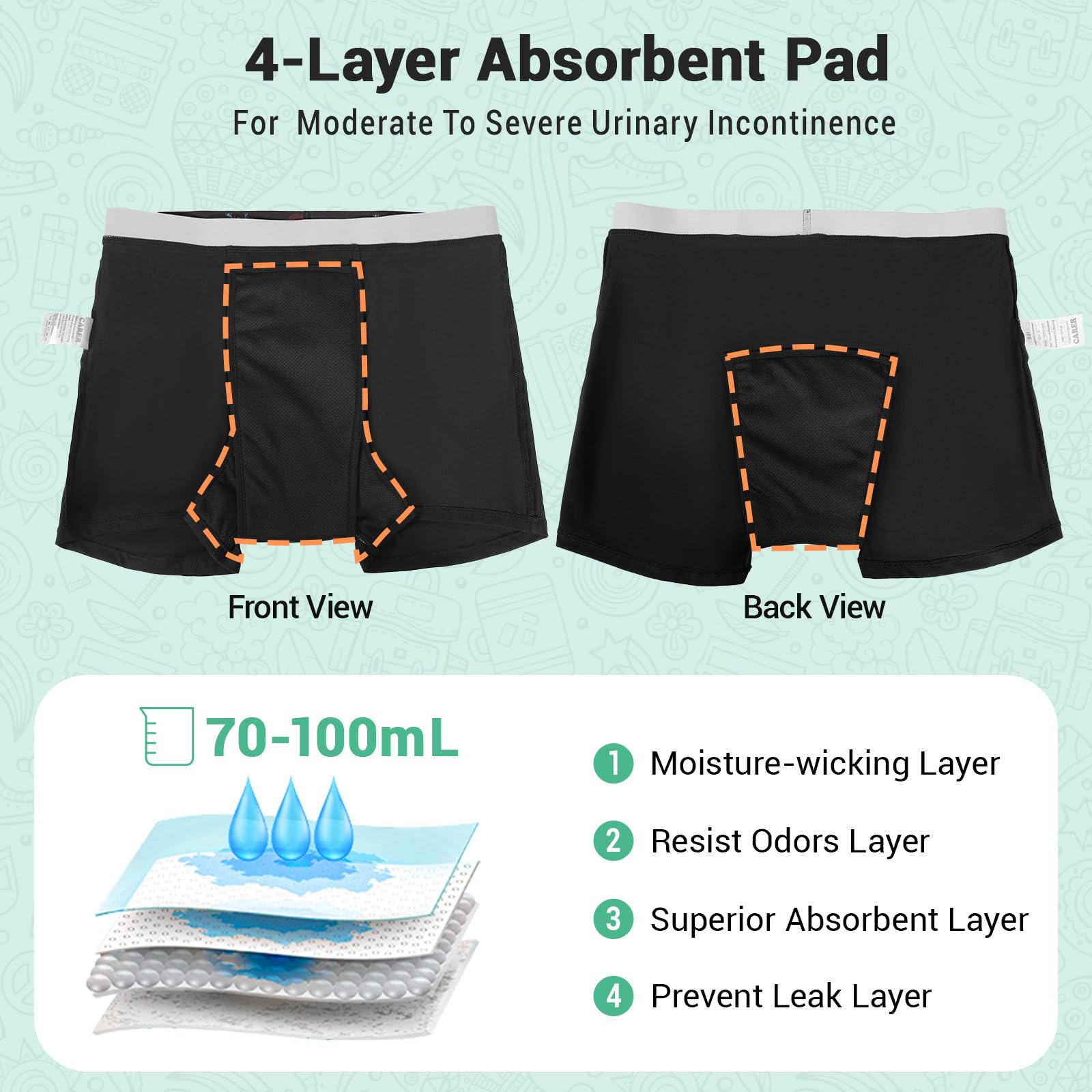 Carer Boys Incontinence Underwear Washable Kids Cotton Incontinence Boxer Briefs with Front Absorbency 100ml Reusable Leak Proof