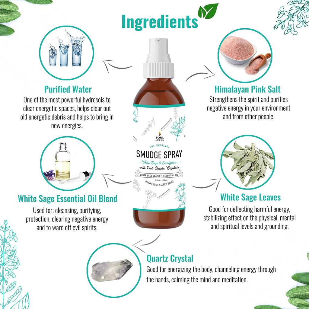 Soul Sticks White Sage & Eucalyptus Smudge Spray - 3.5oz Smokeless Energy Mist with Quartz Crystals - Essential Oil Spray for Fo