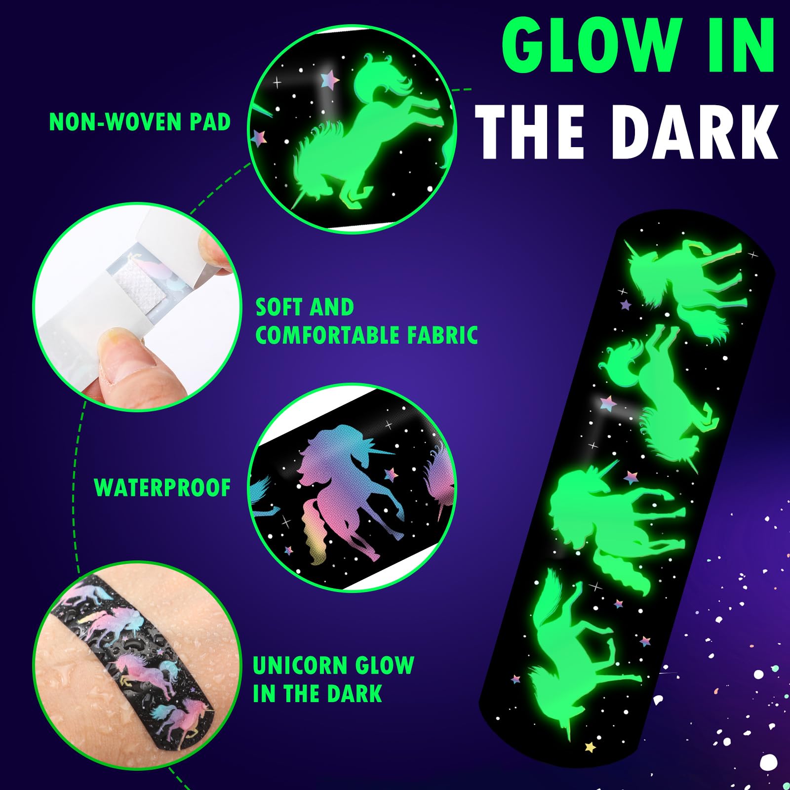 Threlaco 100 Pcs Glow in The Dark Bandage for Kids Cute Breathable Waterproof Neon Bandages for Girls Boys Children Toddlers Adh