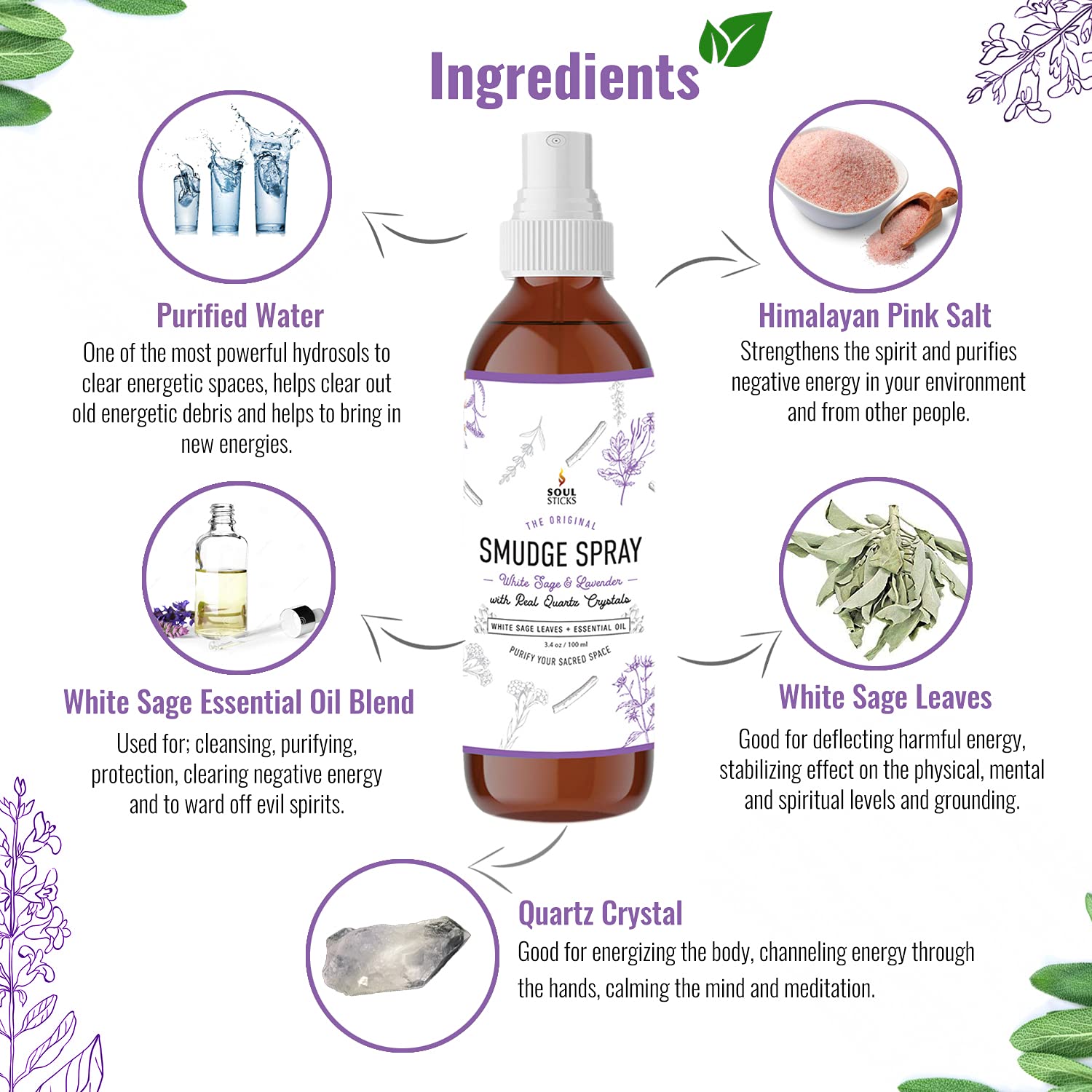 SOUL STICKS White Sage & Lavender Smudge Spray - 3.5oz Smokeless Mist with Quartz Crystals - Calming Essential Oil Spray for Sle