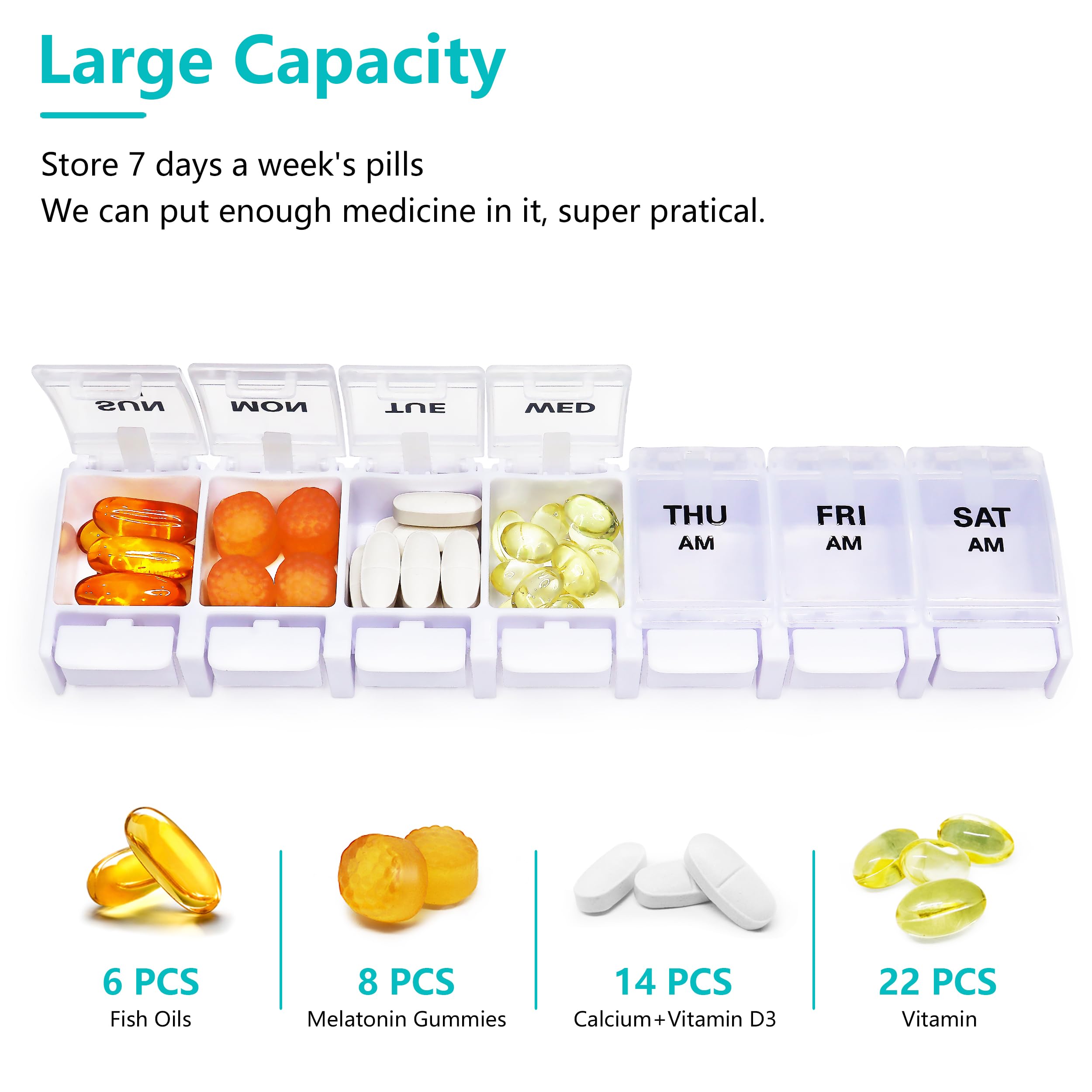 Large Pill Boxes and Organizer 2 Times a Day, MOLN HYMY 7 Day AM PM Pill Case, 14 Compartments Pill Dispenser to Hold Big Vitami