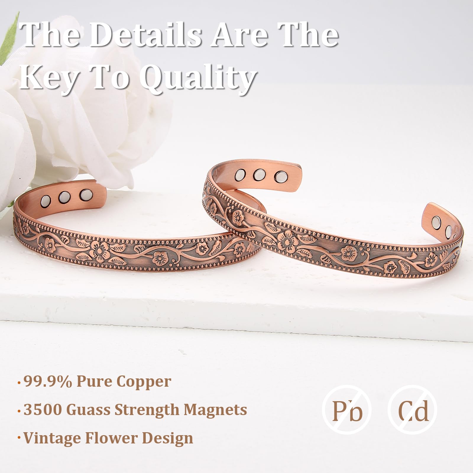 MagEnergy Copper Bracelets for Women, 99.9% Pure Copper Vintage Flower Magnetic Bangle with 3500 Gauss Magnets,6.8 Adjustable Cu