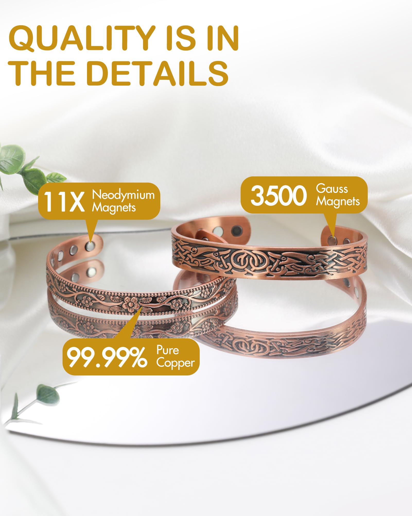 Feraco 11X Magentic Copper Bracelet for Women, Copper Cuff Bracelet, 99.99% Pure Copper with Magnets, Adjustable Magnetic Bangle
