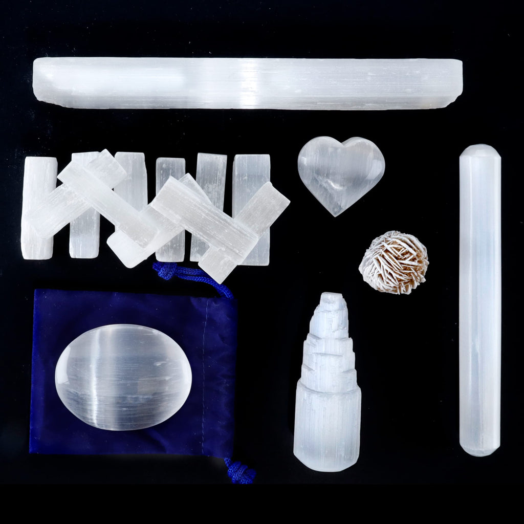 DANCING BEAR Selenite Protection Collection (22 pc Set): 12-15 Sticks (1.5-2   ), Palm Stone, Heart, Tower, 8 Stick, 5.5 Massage