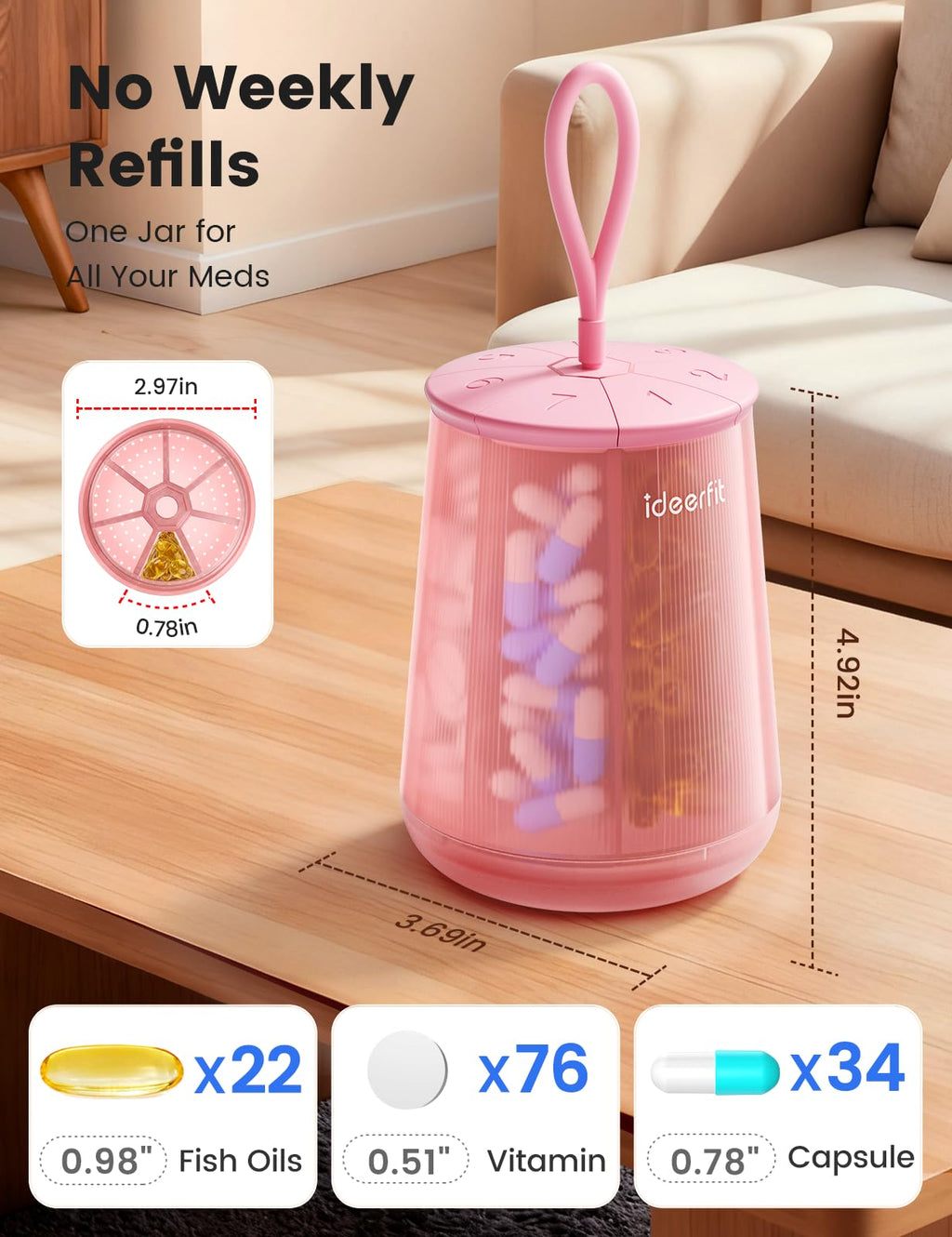 ideerfit Large Pill Bottle Organizer - Pill Dispenser with 7 Compartments, Pill Box Case with Anti-Mixing Design, Moisture-Proof