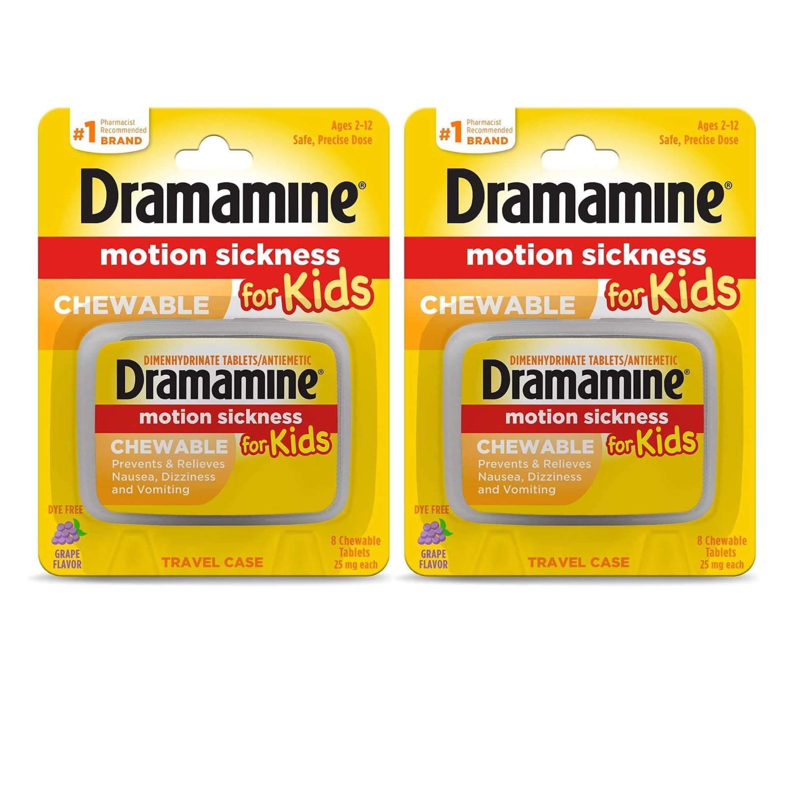 Dramamine Motion Sickness Relief for Kids, Grape Flavor,8 Count (Pack of 2)