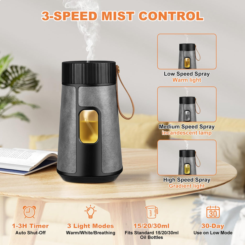 CJC Battery Powered Diffuser, Anti Oil Leakage, 1/2/3H Timers, 3 Mist Levels, Essential Oils Compatible, Black