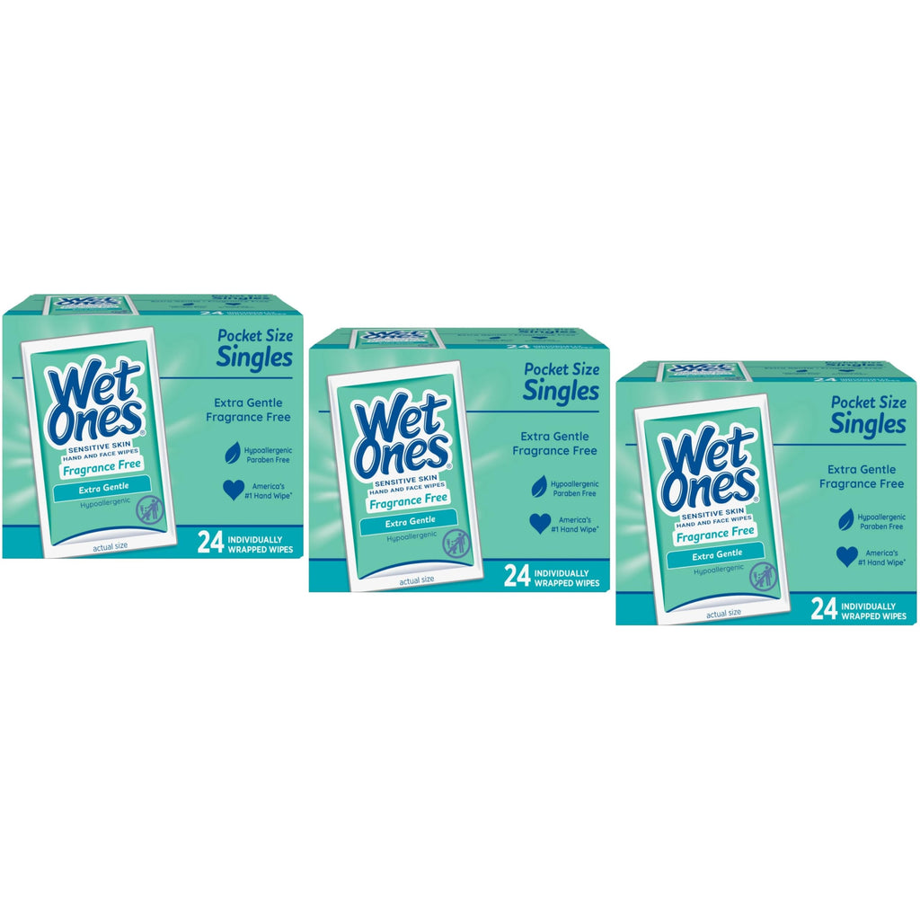 WET ONES Sensitive Skin Hand Wipes, Singles Extra Gentle Fragrance & Alcohol Free 24 ea ( Pack of 3)