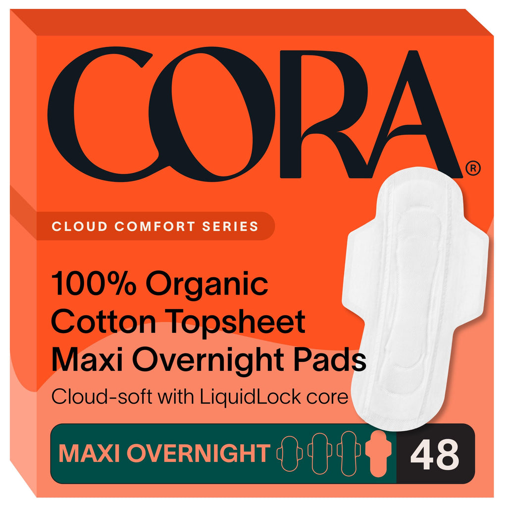Cora 100% Organic Cotton Topsheet Maxi Pads | Ultra Thin Period Pads with Wings | Maxi Overnight Absorbency | Unscented, Comfort