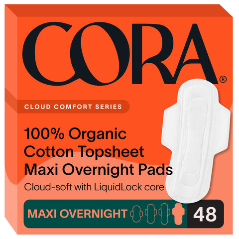 Cora 100% Organic Cotton Topsheet Maxi Pads | Ultra Thin Period Pads with Wings | Maxi Overnight Absorbency | Unscented, Comfort