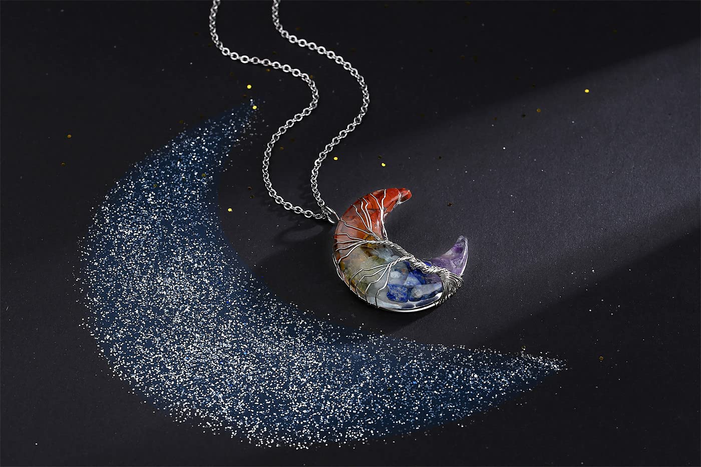 MAIBAOTA 7 Chakra Healing Crystal Necklace Gothic Necklaces for Women Crescent Moon Phase Stone Pendant Necklaces Natural Reiki