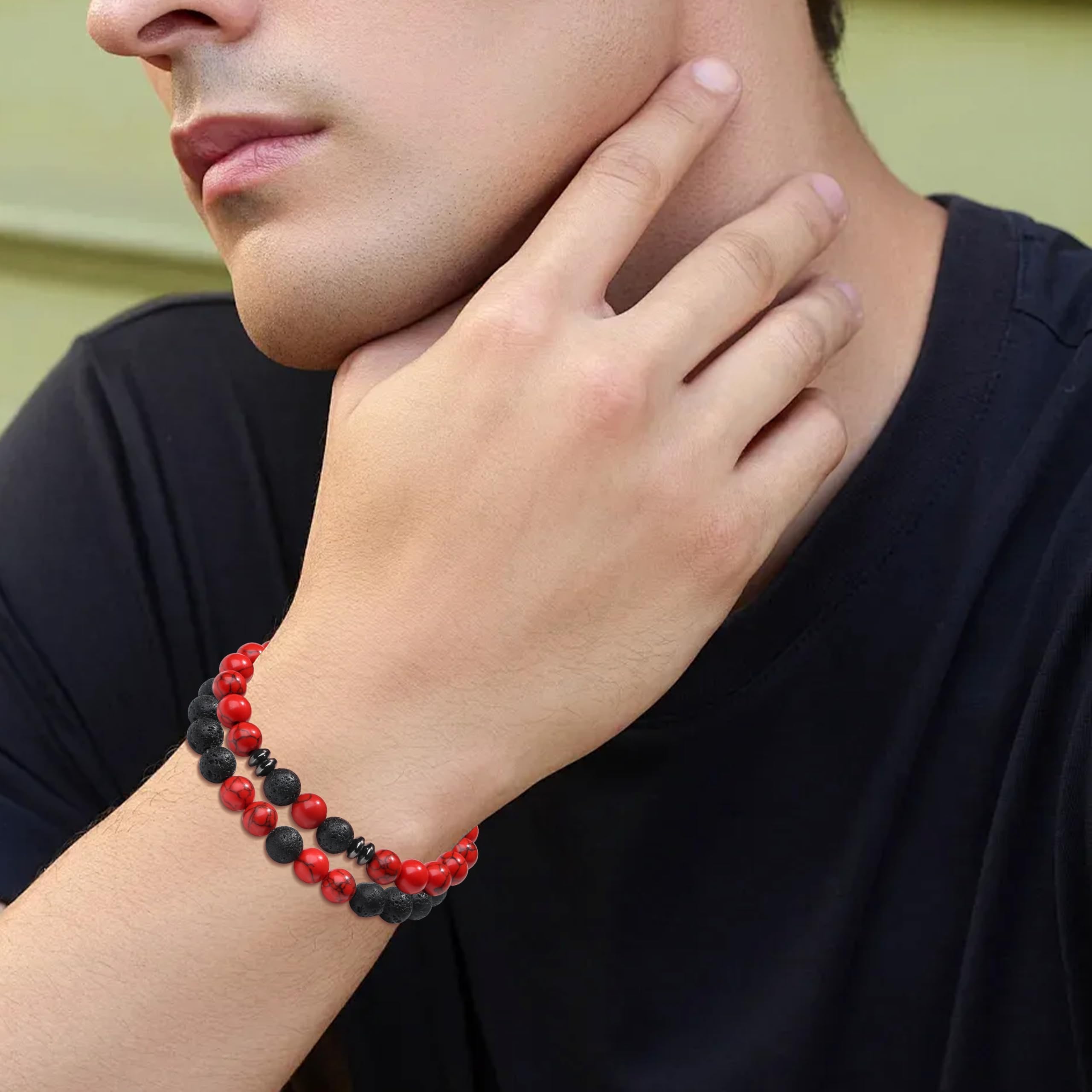 XIANNVXI Natural Stone Beads Bracelets for Men Red Black Beaded Bracelet for Men 4PC Mens Red Black 8mm Beaded Adjustable Stretc