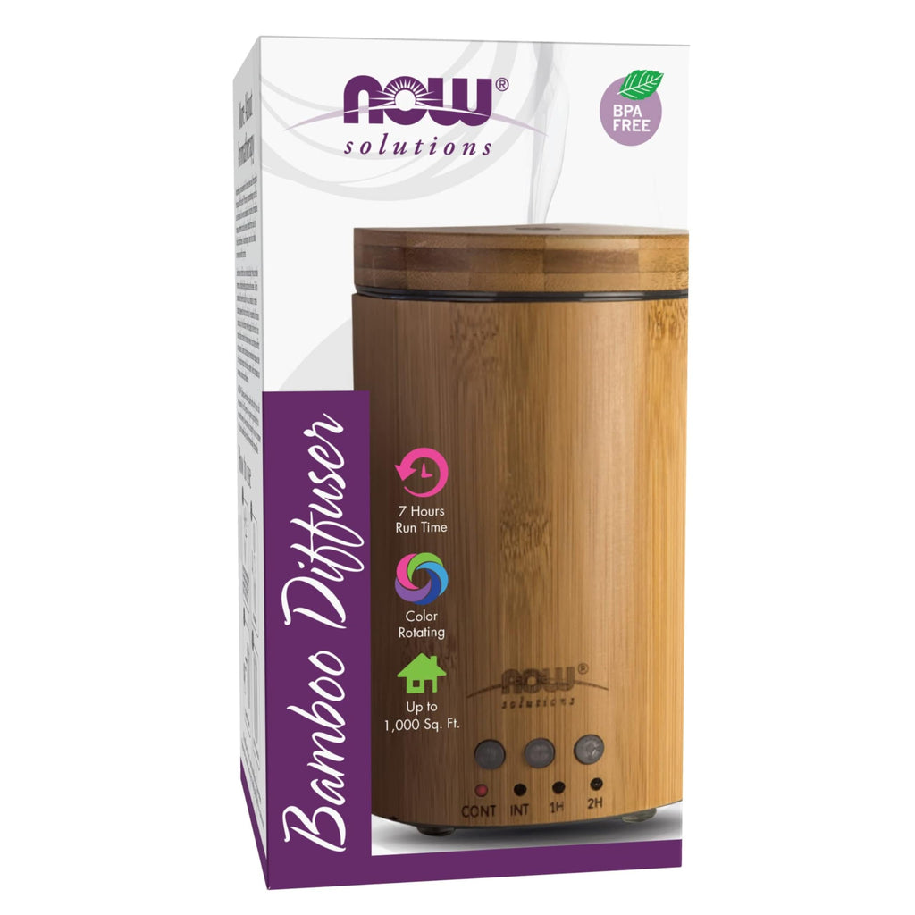 NOW Essential Oils, Ultrasonic Real Bamboo Aromatherapy Oil Diffuser, Extremely Quiet, Heat Free and Easy to Clean, Color Changi