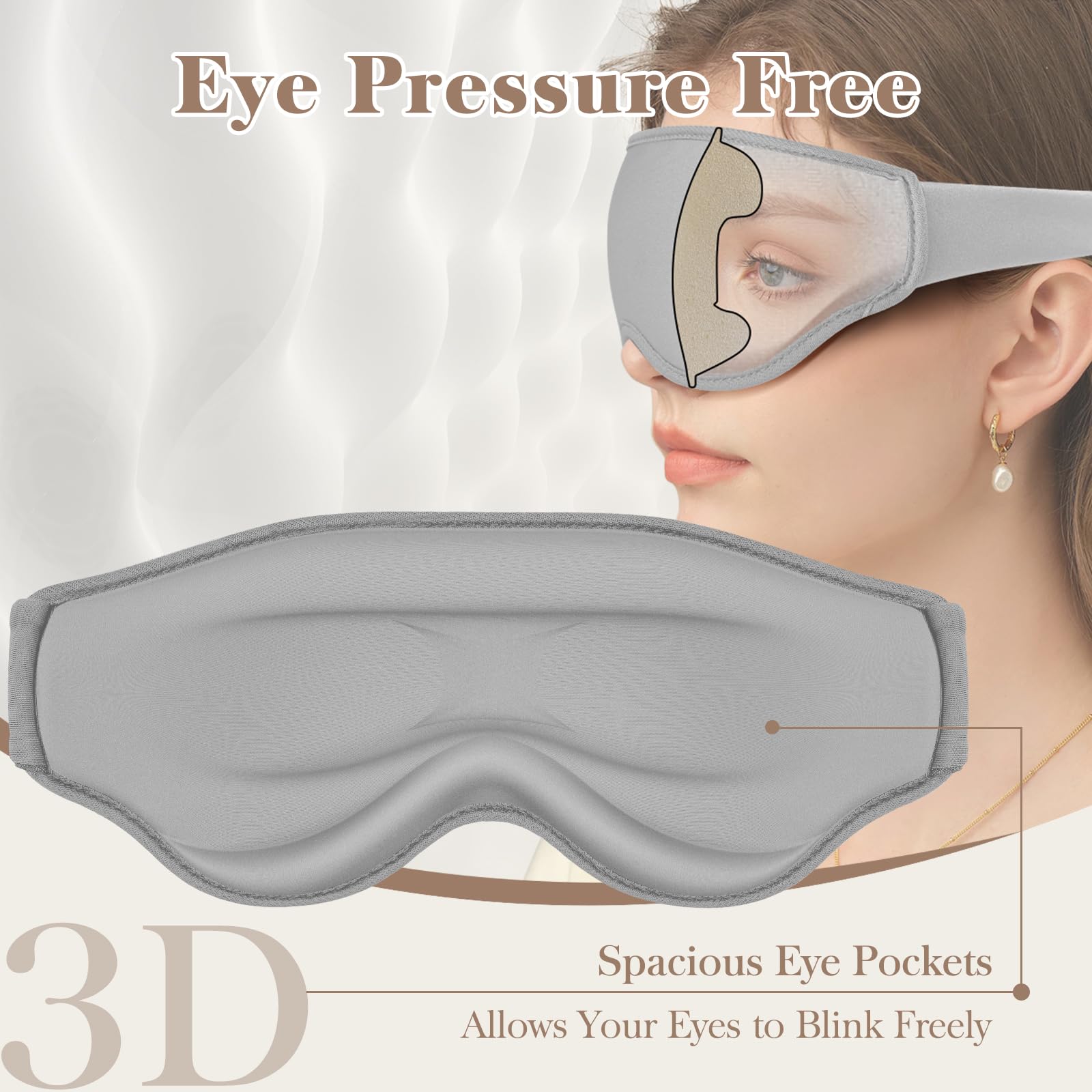FYGRIP 3D Eye Mask, Ultra Comfort, 100% Pressure-Free & Light Block-Out, Easy Adjustable Strap, Grey, Sleep Mask for Men & Women