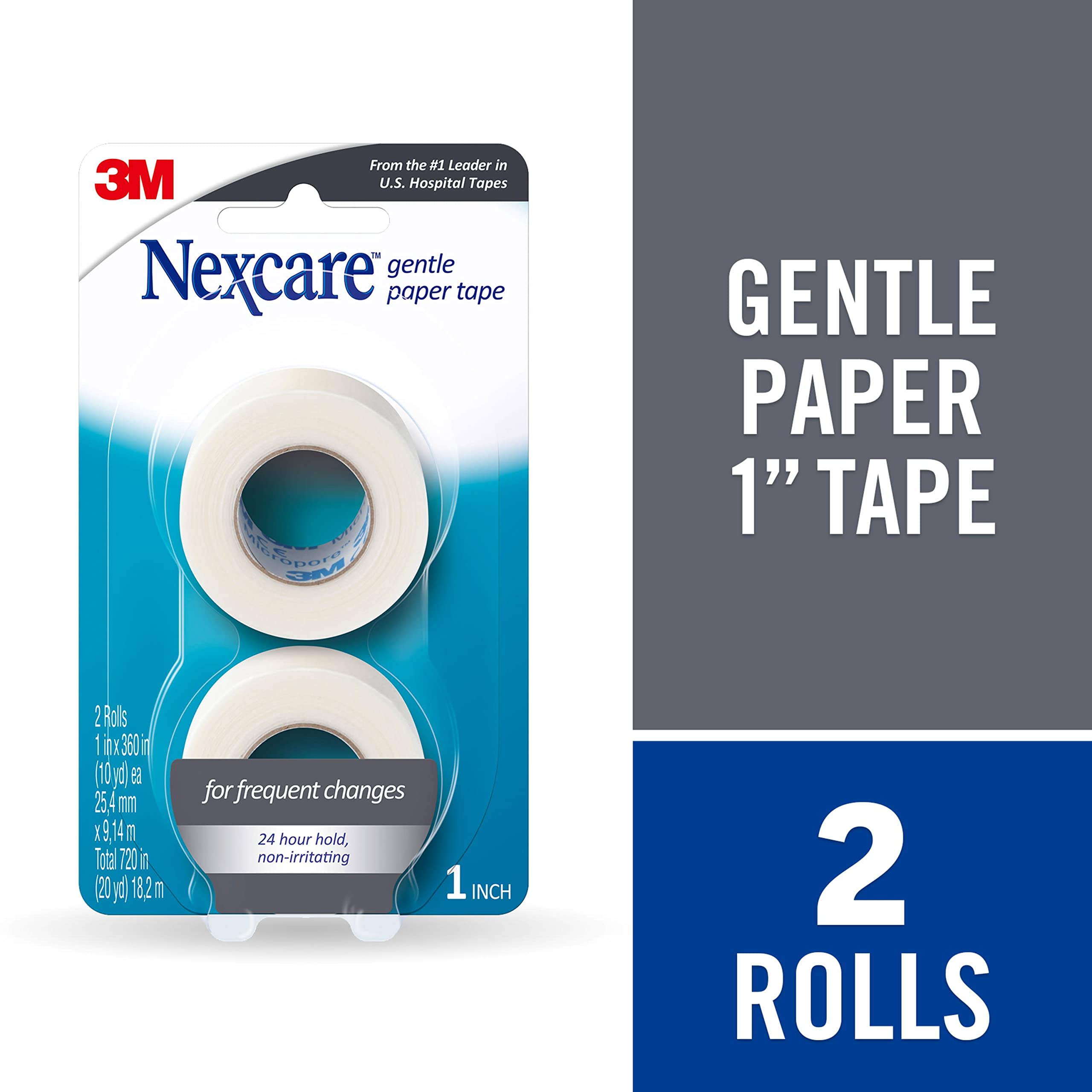 Nexcare Gentle Paper First Aid Tape, Ideal for Securing Gauze and Dressings, 1 in x 10 Yds Carded, 2 Pk