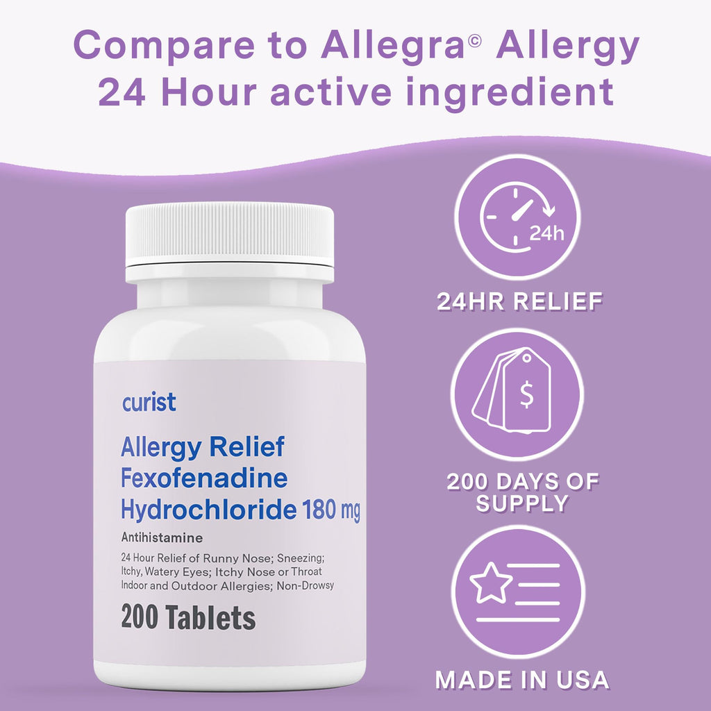 Curist Fexofenadine Hydrochloride 180mg (200 Tablets) USA Made Non Drowsy Allergy Medication - 24 Hour All Day Allergy Relief fo