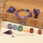 mookaitedecor Amethyst Healing Crystals Set, 7 Chakra Bracelet, Palm Stones, Pendulum, Pocket Guardian Angel, Pyramid Meditation