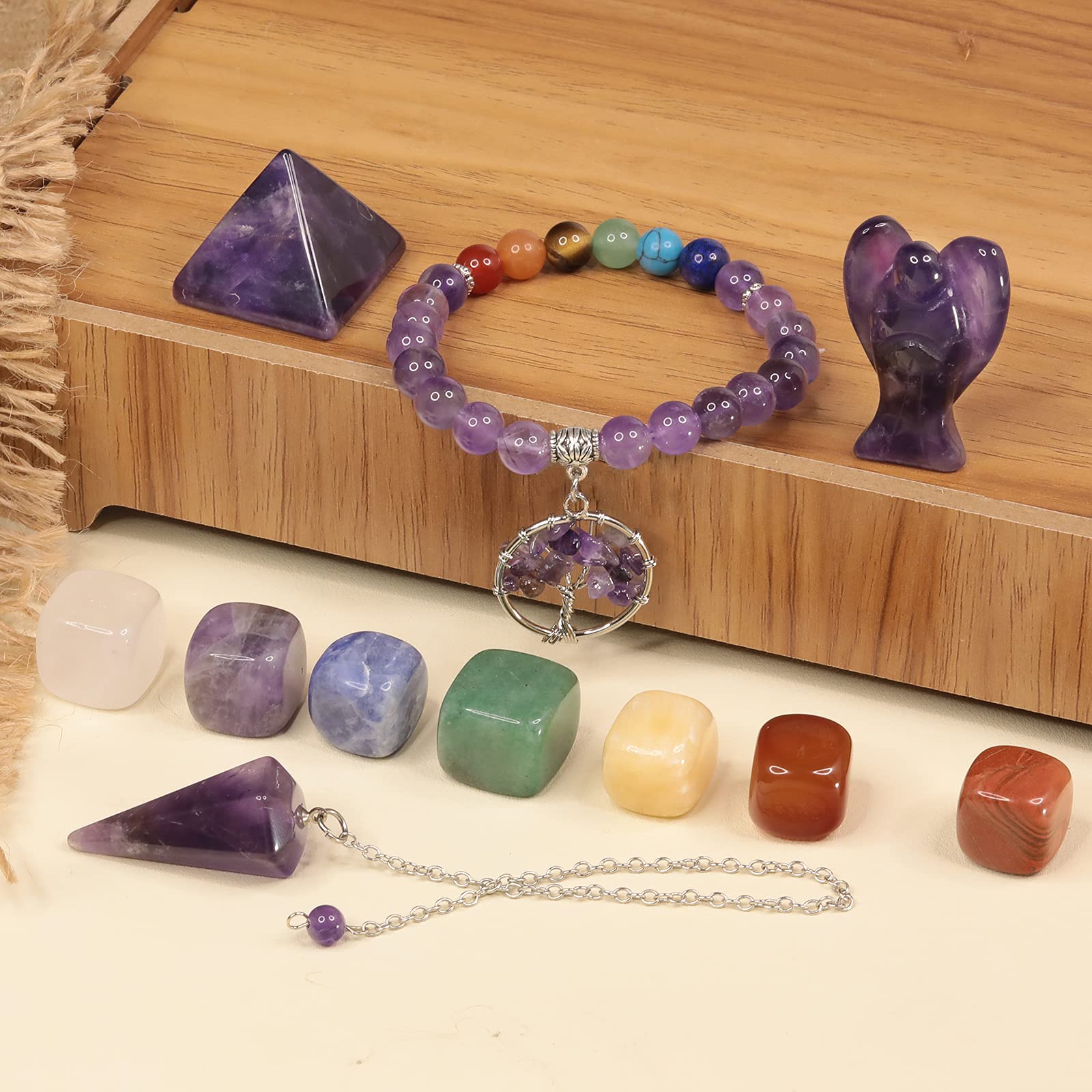 mookaitedecor Amethyst Healing Crystals Set, 7 Chakra Bracelet, Palm Stones, Pendulum, Pocket Guardian Angel, Pyramid Meditation